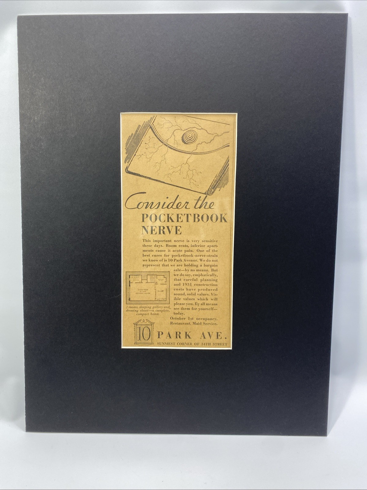 1931 Rental Ad NYC – 10 Park Ave – NY HERALD TRIBUNE – Matted For 16 X 12 Frame