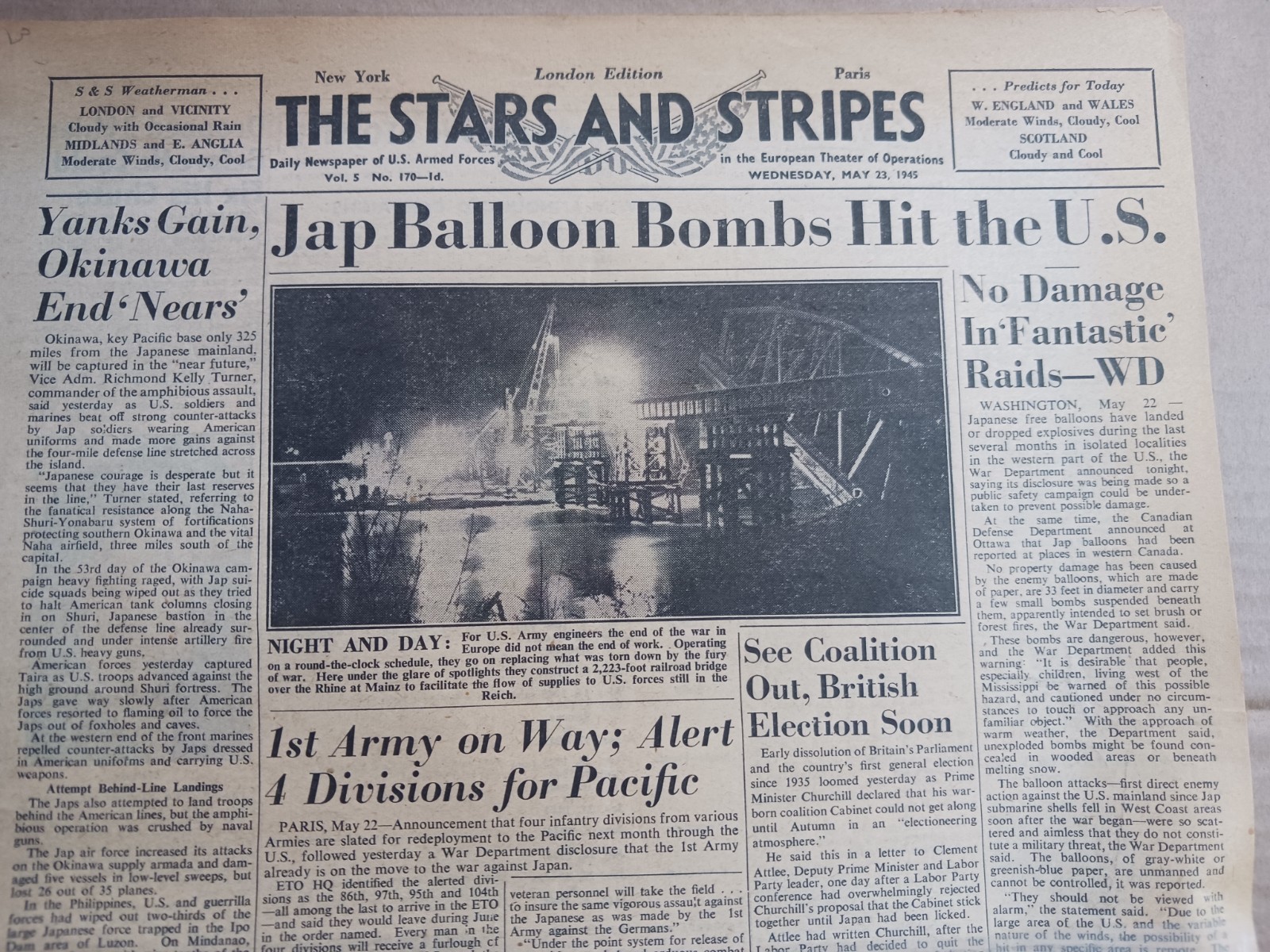 NEWSPAPER – STARS AND STRIPES – JAP BALLOON BOMBS HIT THE U.S. – MAY 23, 1945