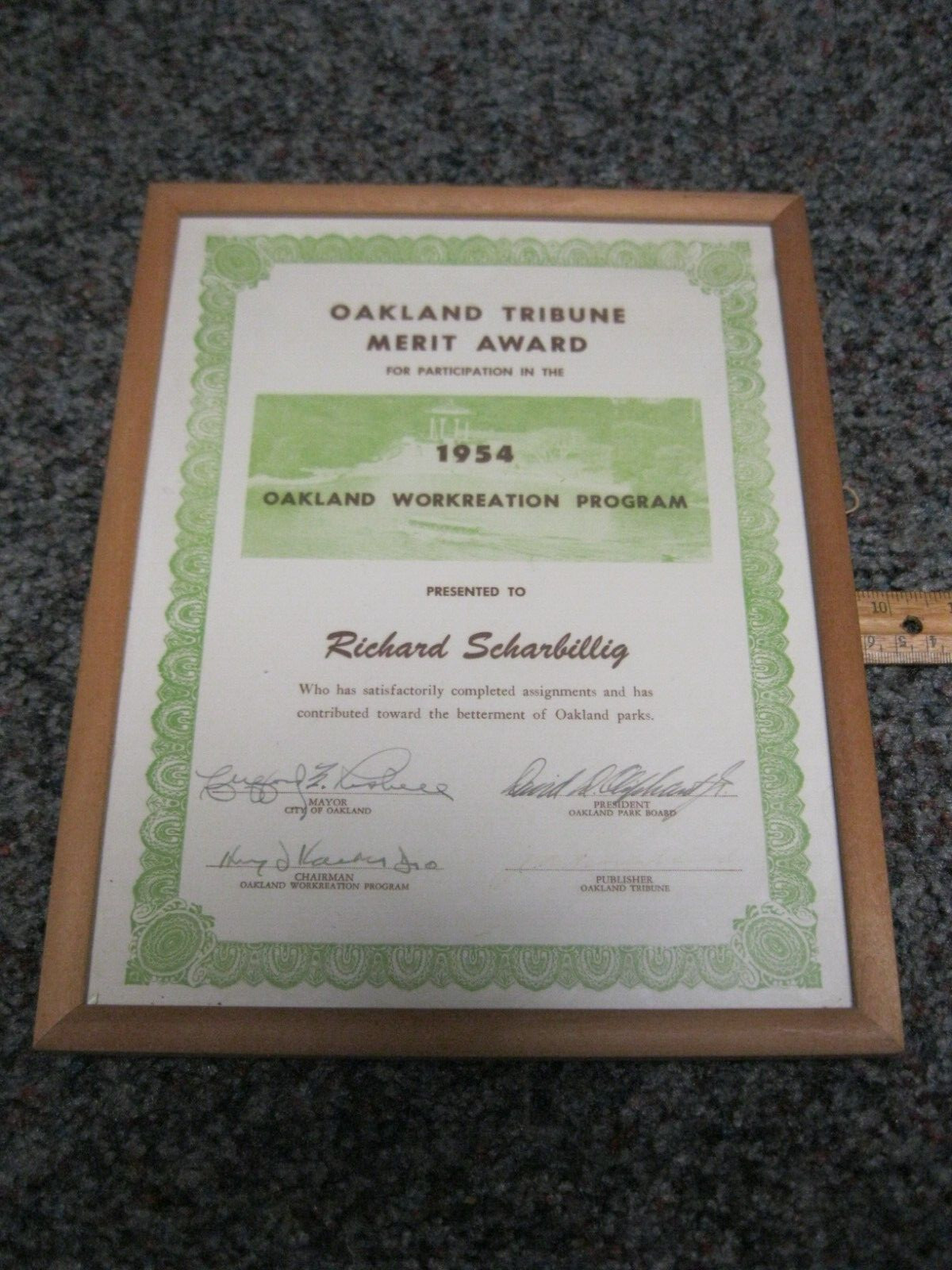 Oakland Tribune Newspaper merit award 1954 workreation program signed by mayor