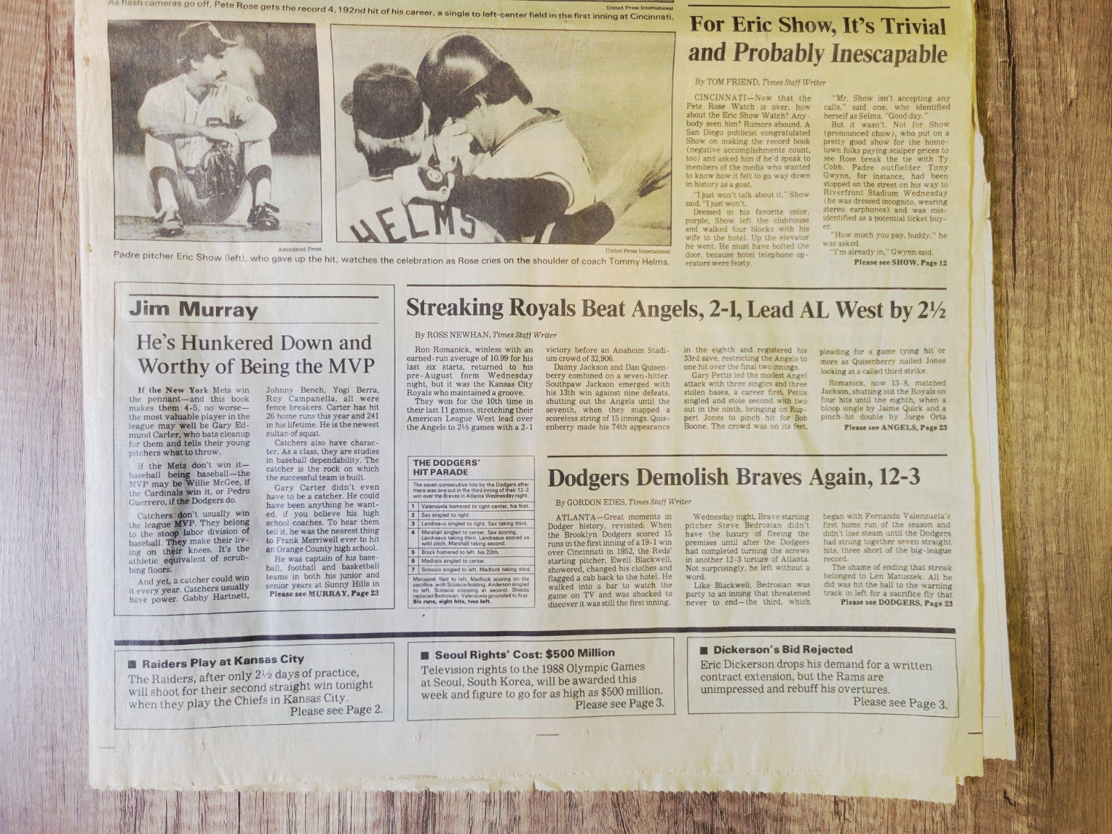1985 Sep 12: LA Times Sports MLB Reds Pete Rose Breaks Hit Record Passes Ty Cobb