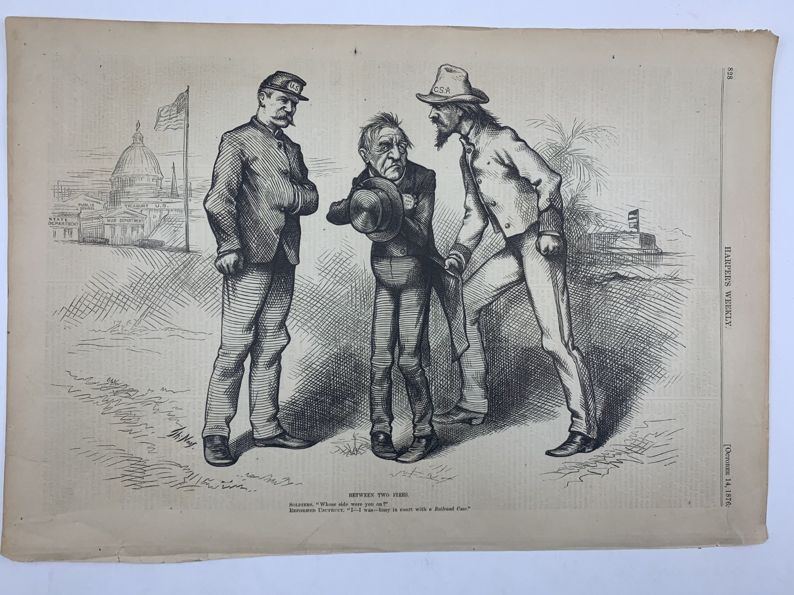 1876 NAST TILDEN UNION & CSA SOLDIERS NEWSPAPER ILLUSTRATION AD SINGLE SHEET F47