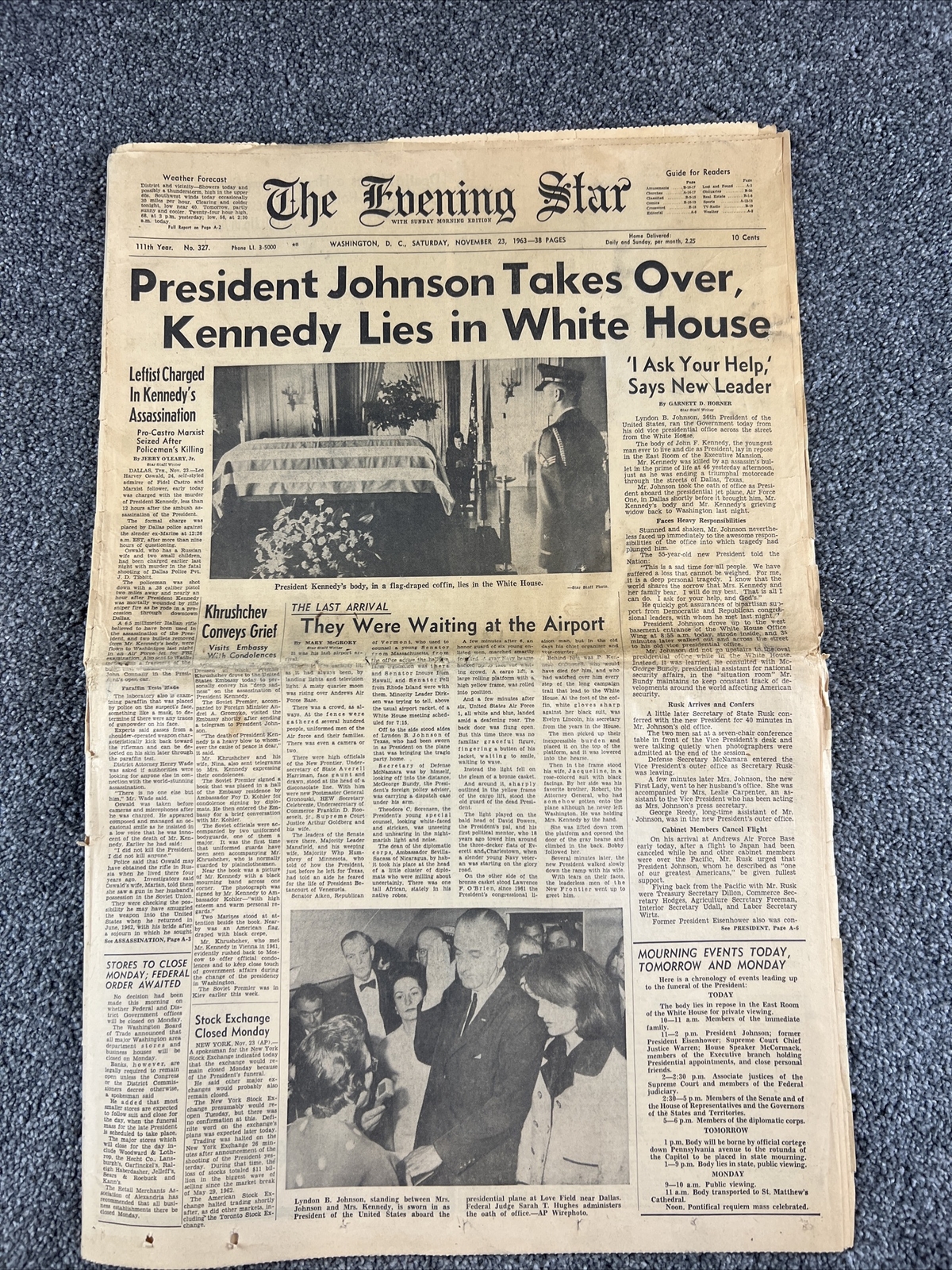 The Evening Star, Washington DC “Johnson Takes Over” 11/23/1963 A Section Only