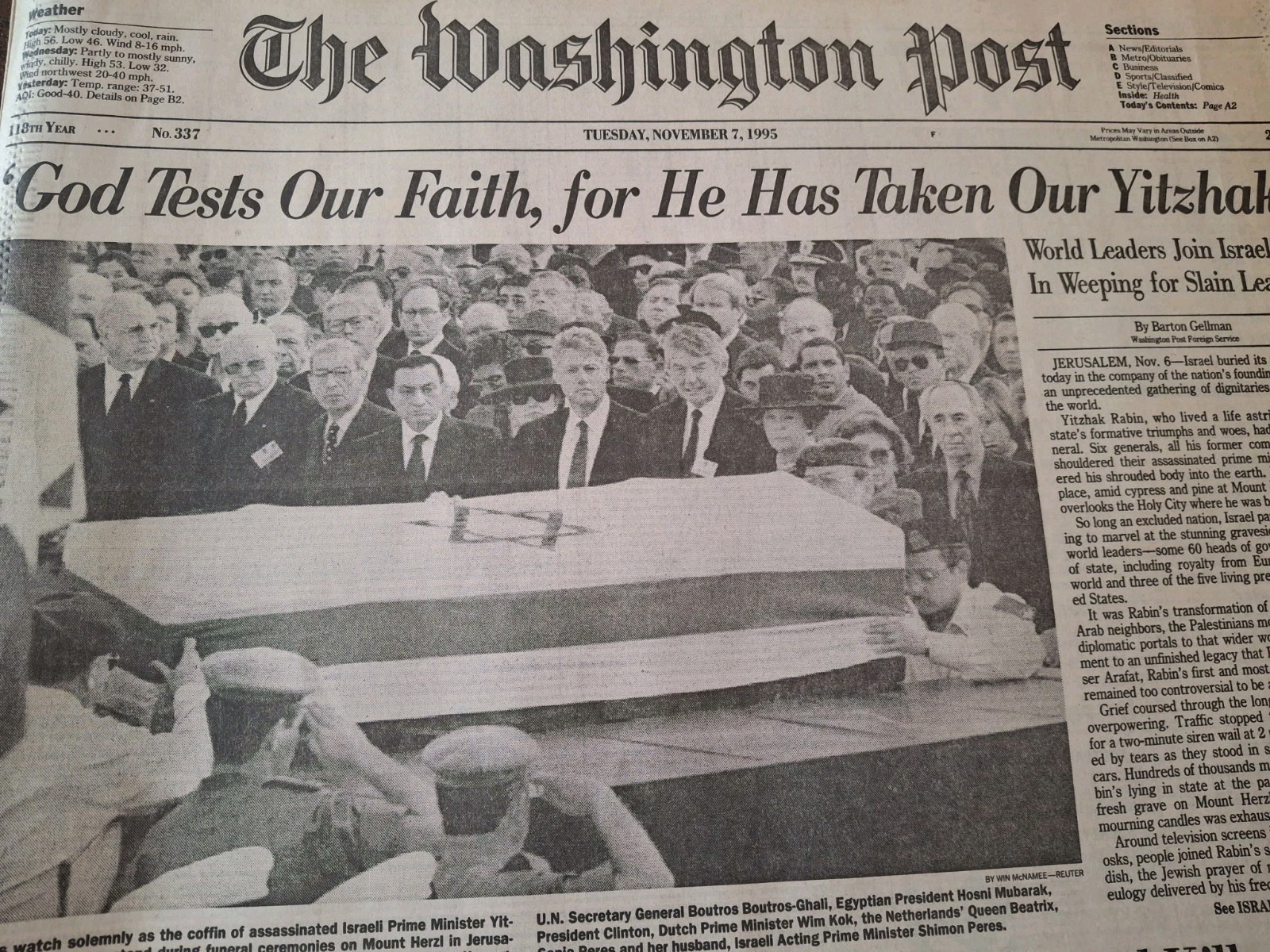Newspapers- YITZHAK RABIN BURIED IN JERUSALEM, ISRAEL AND THE WORLD MOURNS