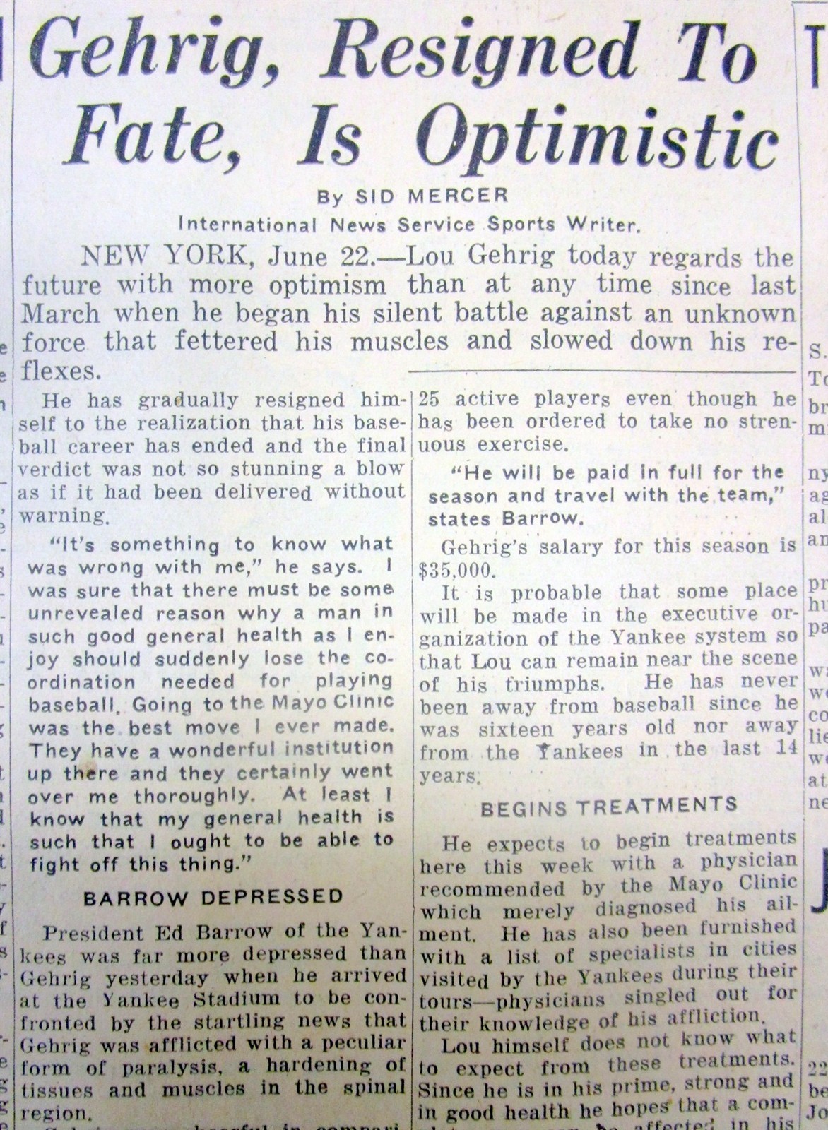 1939 display newspaper LOU GEHRIG DIAGNOSED WITH FATAL DISEASE & QUITS BASEBALL