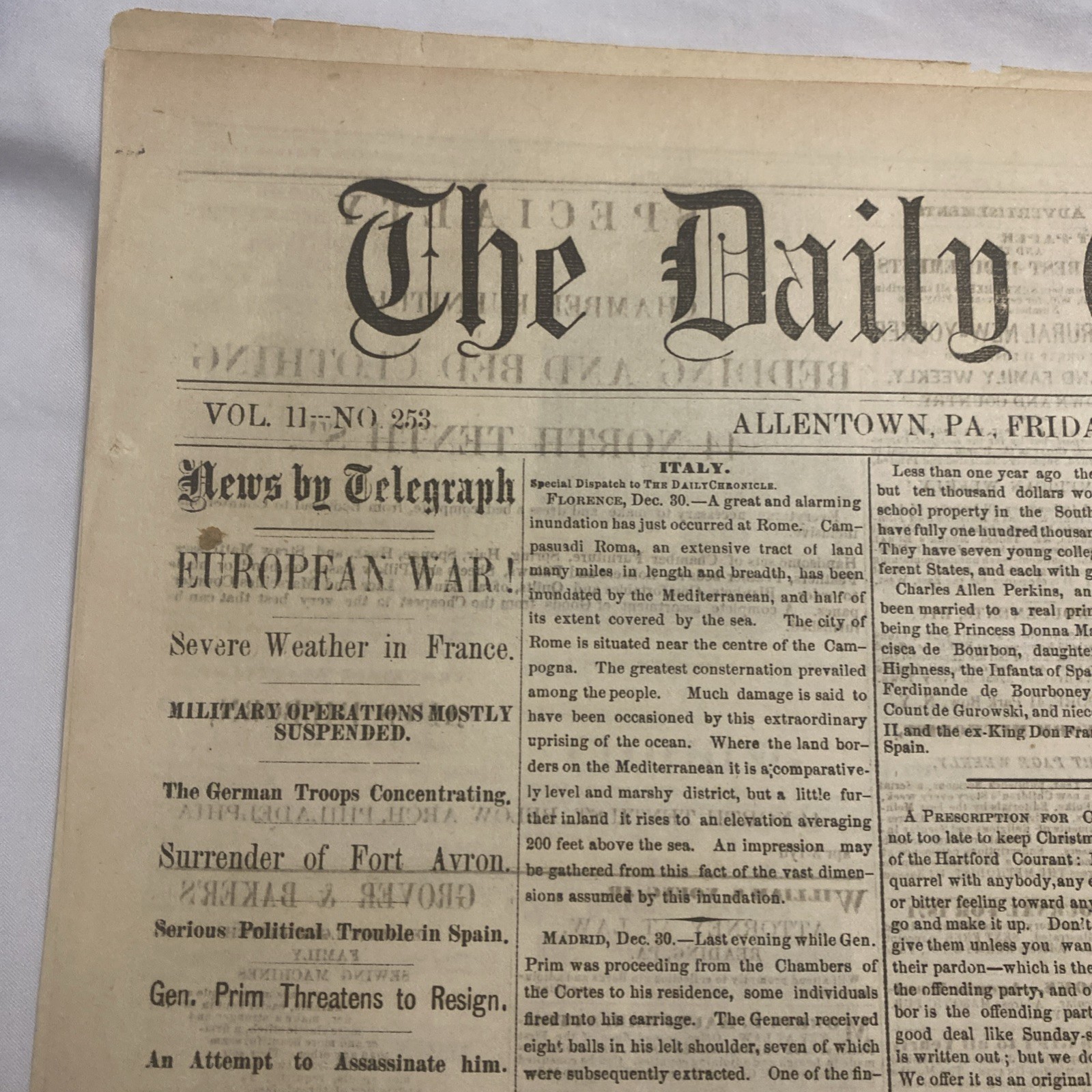 The Daily Chronicle Newspaper ~ Allentown PA, December 30, 1870