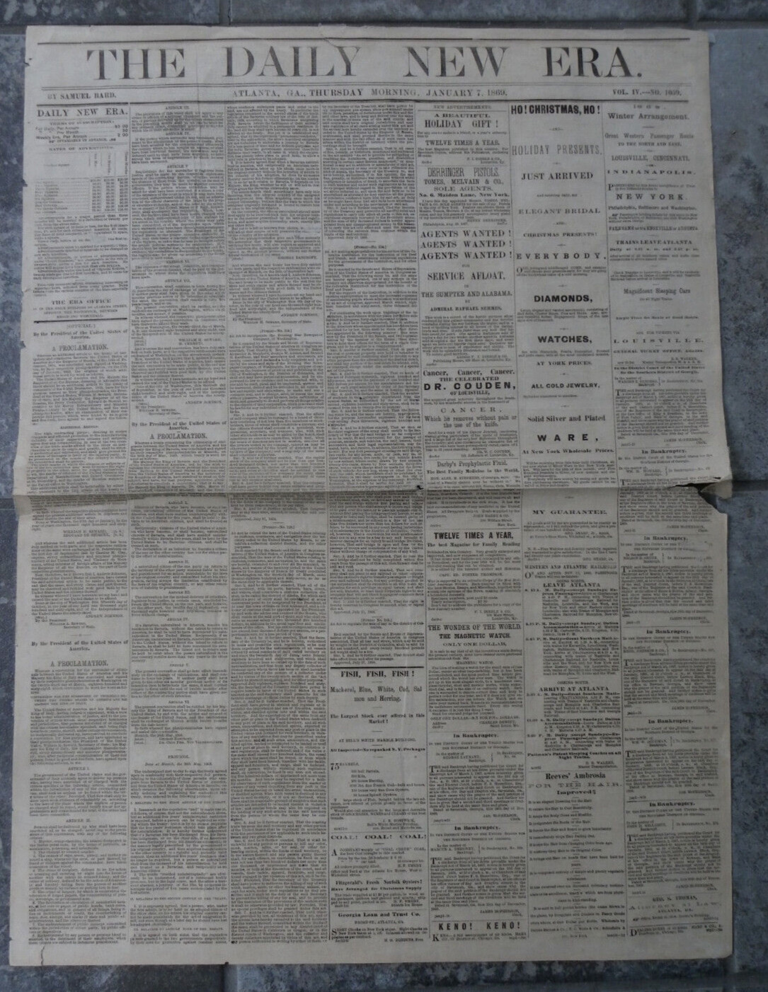 Jan 1869 Atlanta “Daily New Era” Newspaper-Train Schedules-Politicians-Unique