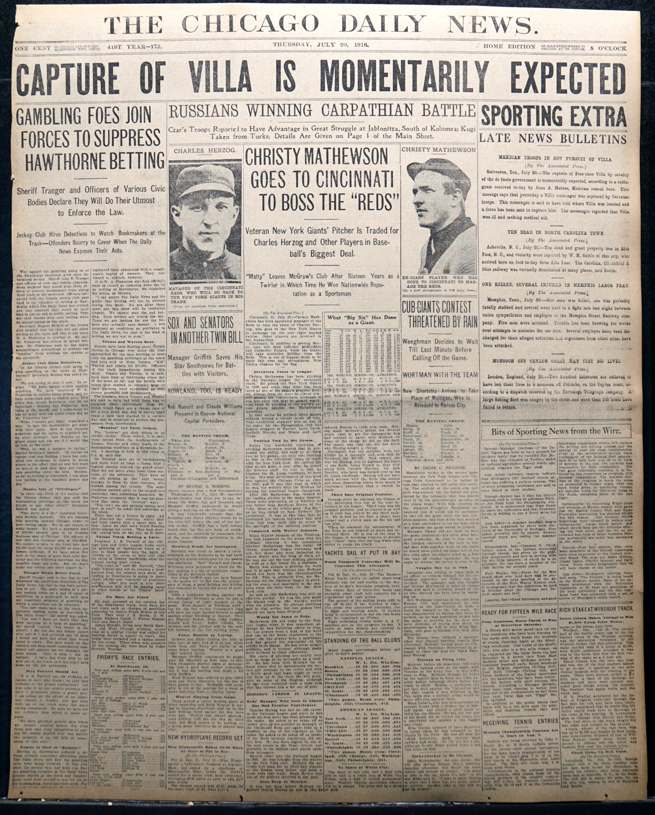 1916 Chicago Sports Pages – Christy Mathewson Traded To Cincinnati Reds