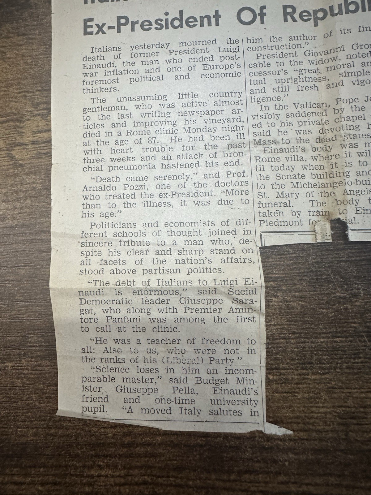Vintage 1961 Daily American Luigi Einaudi Death Newspaper Clipping Italy