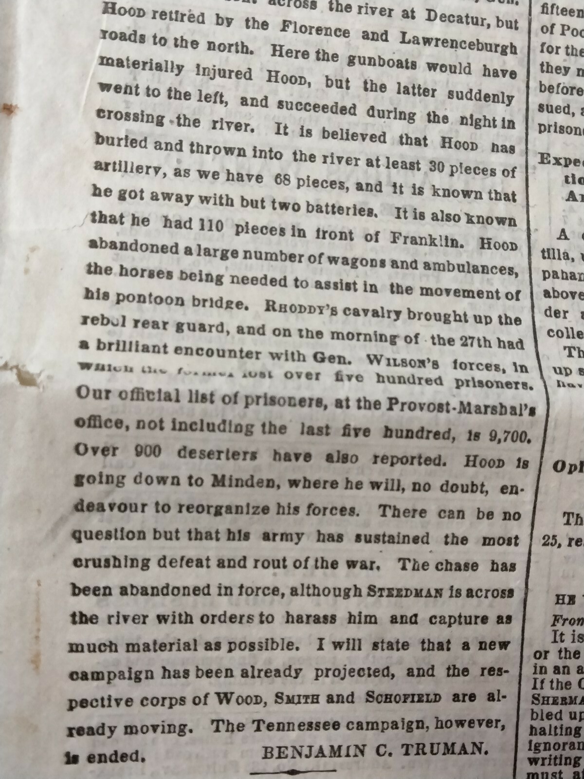 Civil War Newspapers-TENNESSEE-HOOD’S FINAL AND DISASTROUS ESCAPE,GEN PRICE DEAD