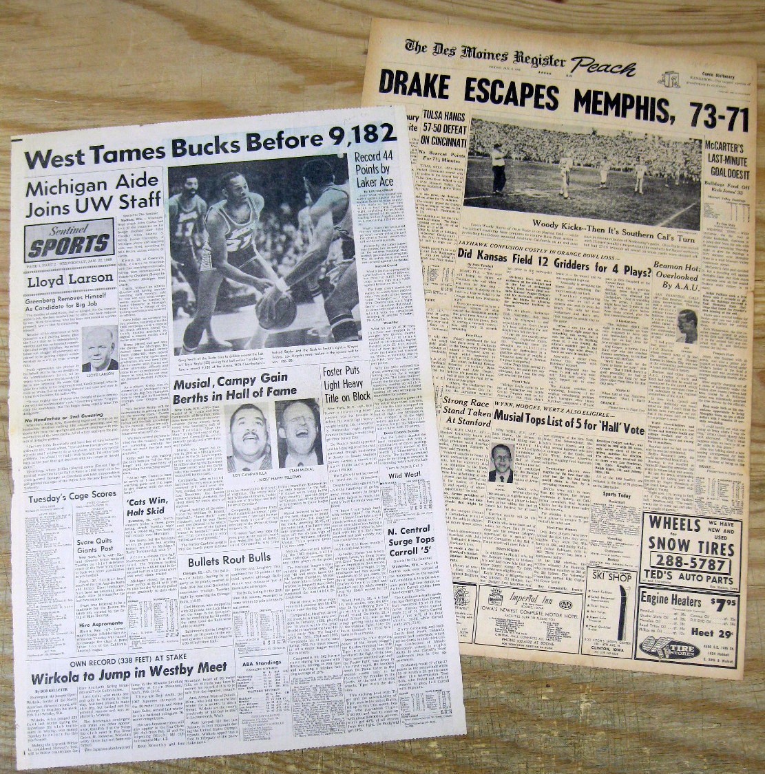 2 1969 newspapers ROY CAMPANELLA & STAN MUSIAL voted into BASEBALL HALL OF FAME