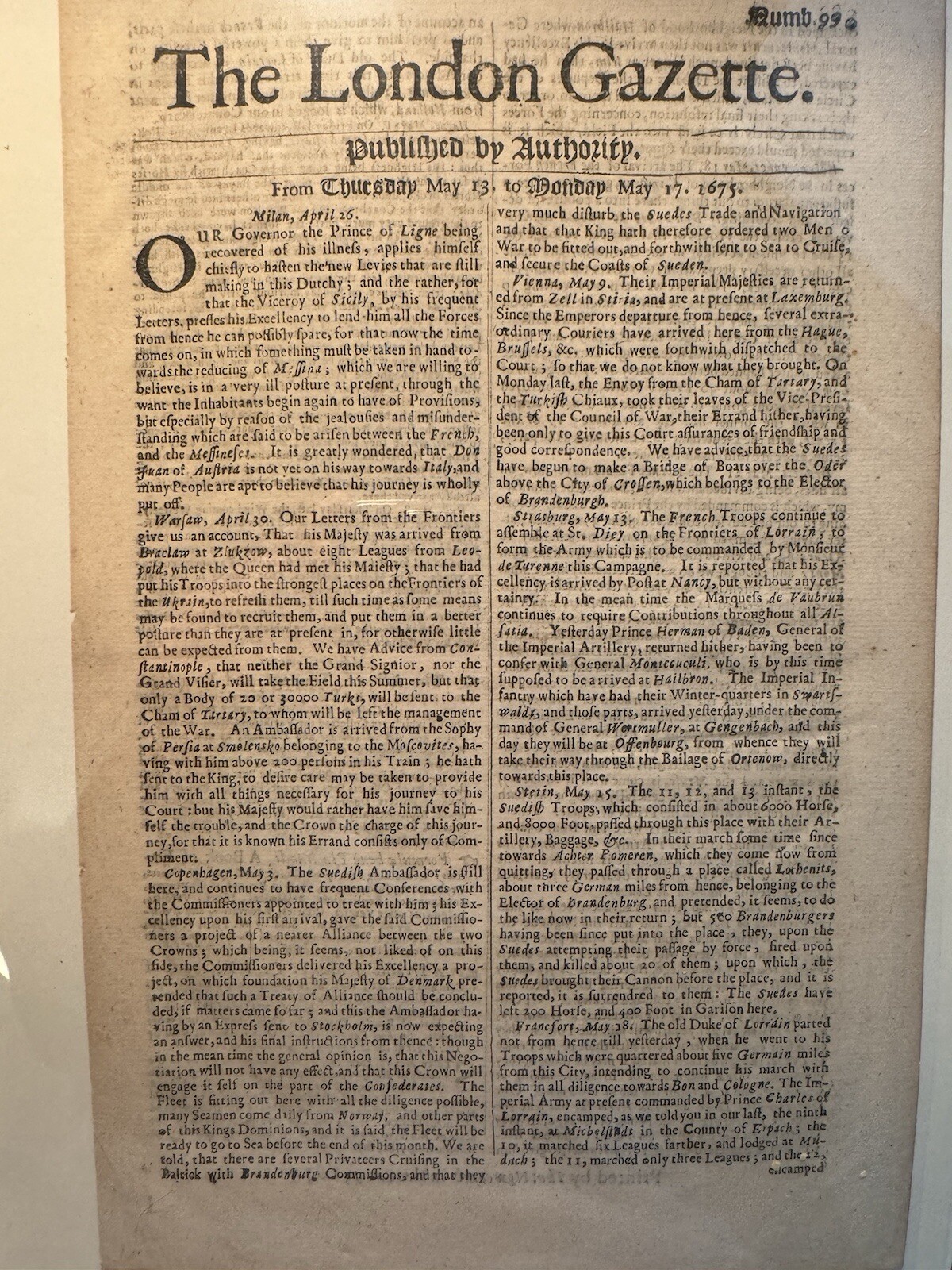 1675 LONDON GAZETTE Newspaper with news from May 13 to May 17-