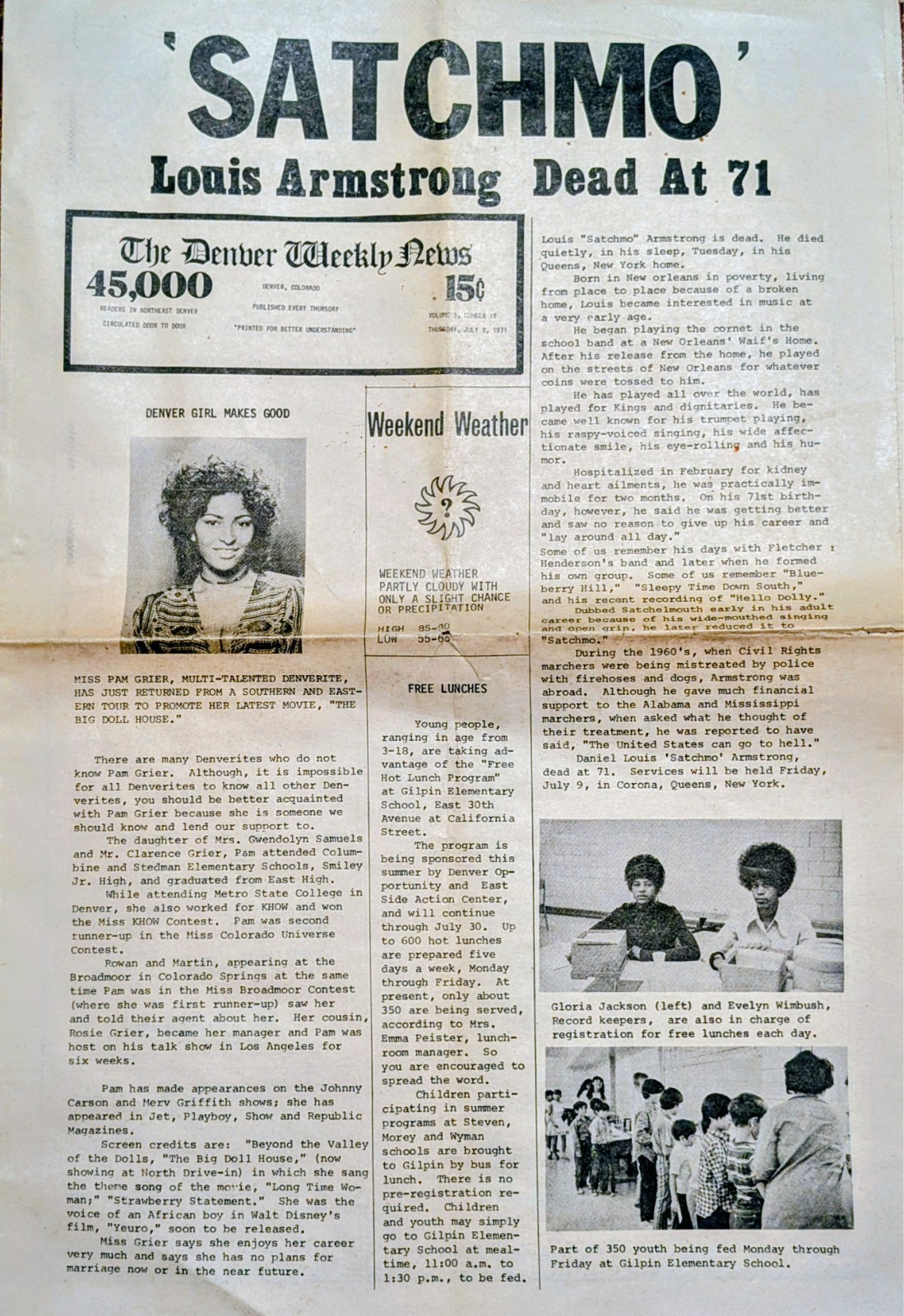 RARE 1971 DENVER WEEKLY NEWS: LOUIS ARMSTRONG + EARLY PAM GRIER ARTICLE