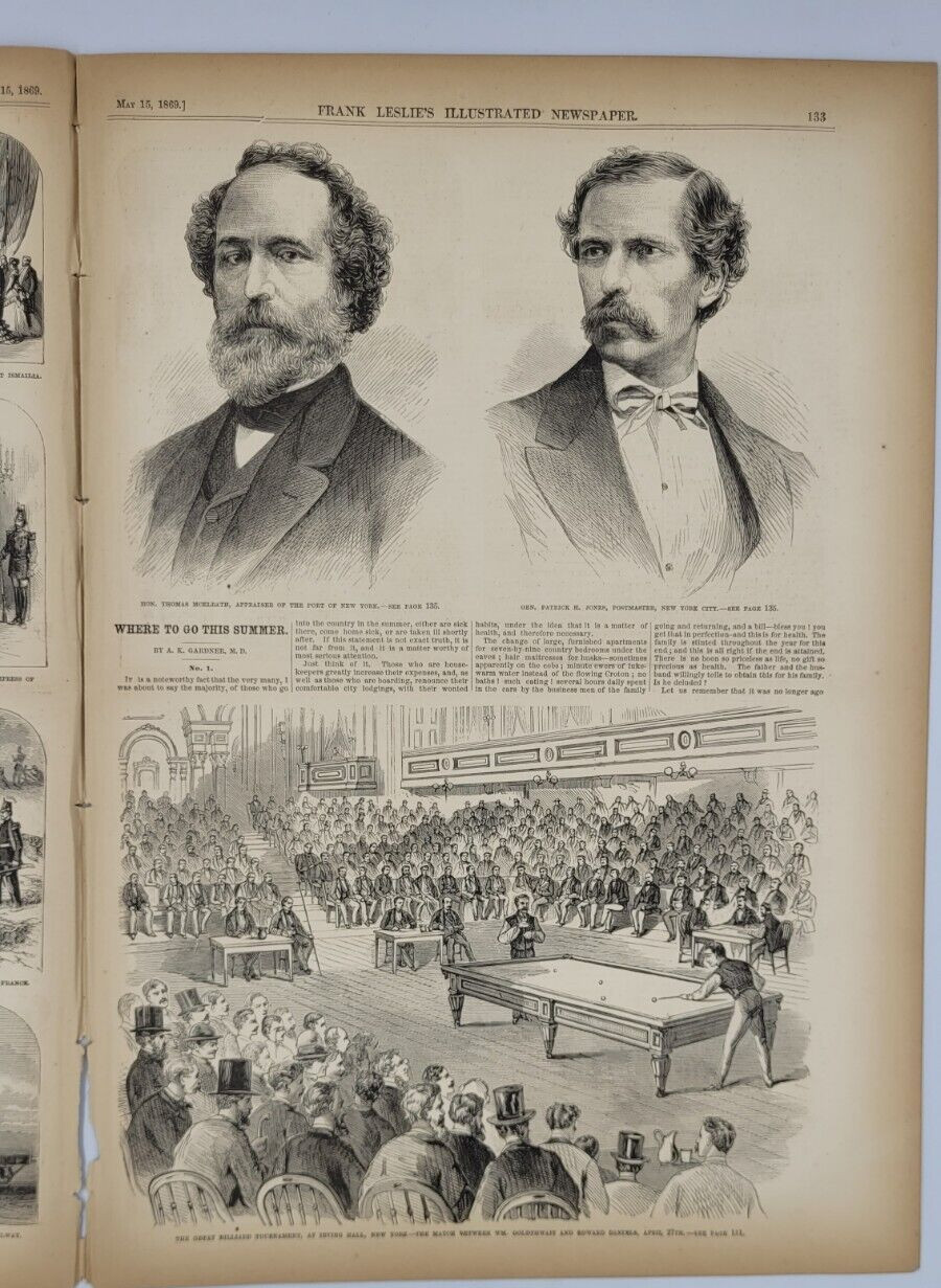 Frank Leslie’s 5/15/1869 New Suspension Bridge Niagara Falls / Billiards Tourn