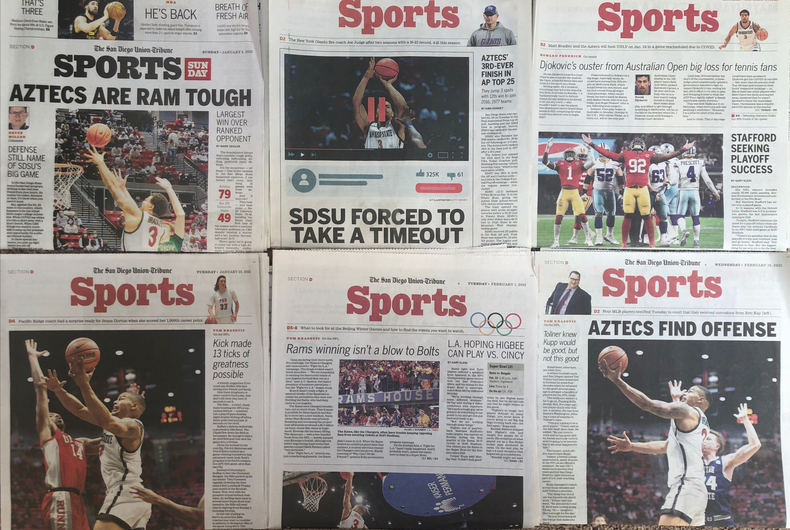 Matt Bradley SDSU Aztecs Basketball 2021-2022 San Diego UT Newspaper Lot of 6