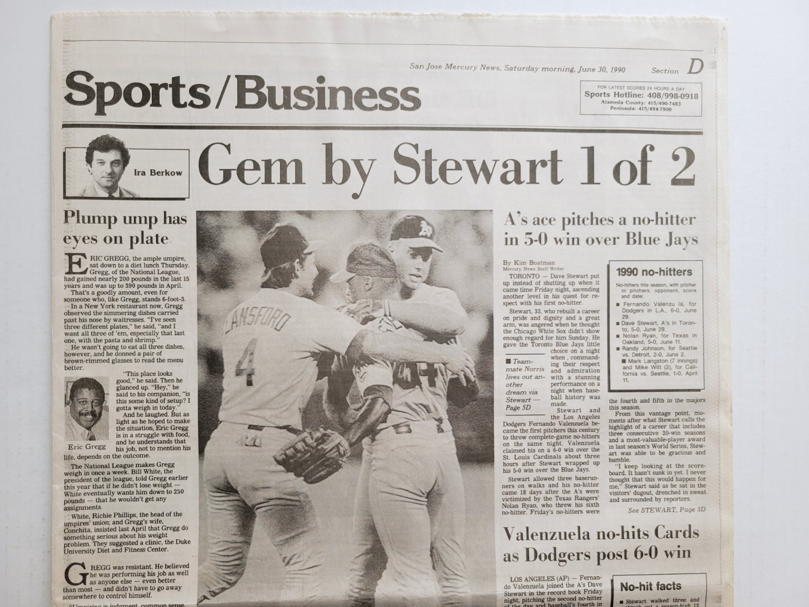 1990 Jun 30: MLB STEWART & VALENZUELA Toss No-Hitters! San Jose Mercury News