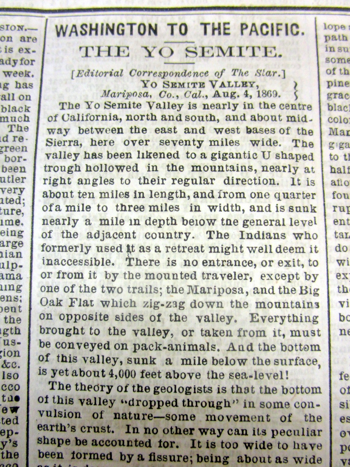 1869 newspaper w DETAILED REPORT of an early TRIP to YOSEMITE VALLEY California