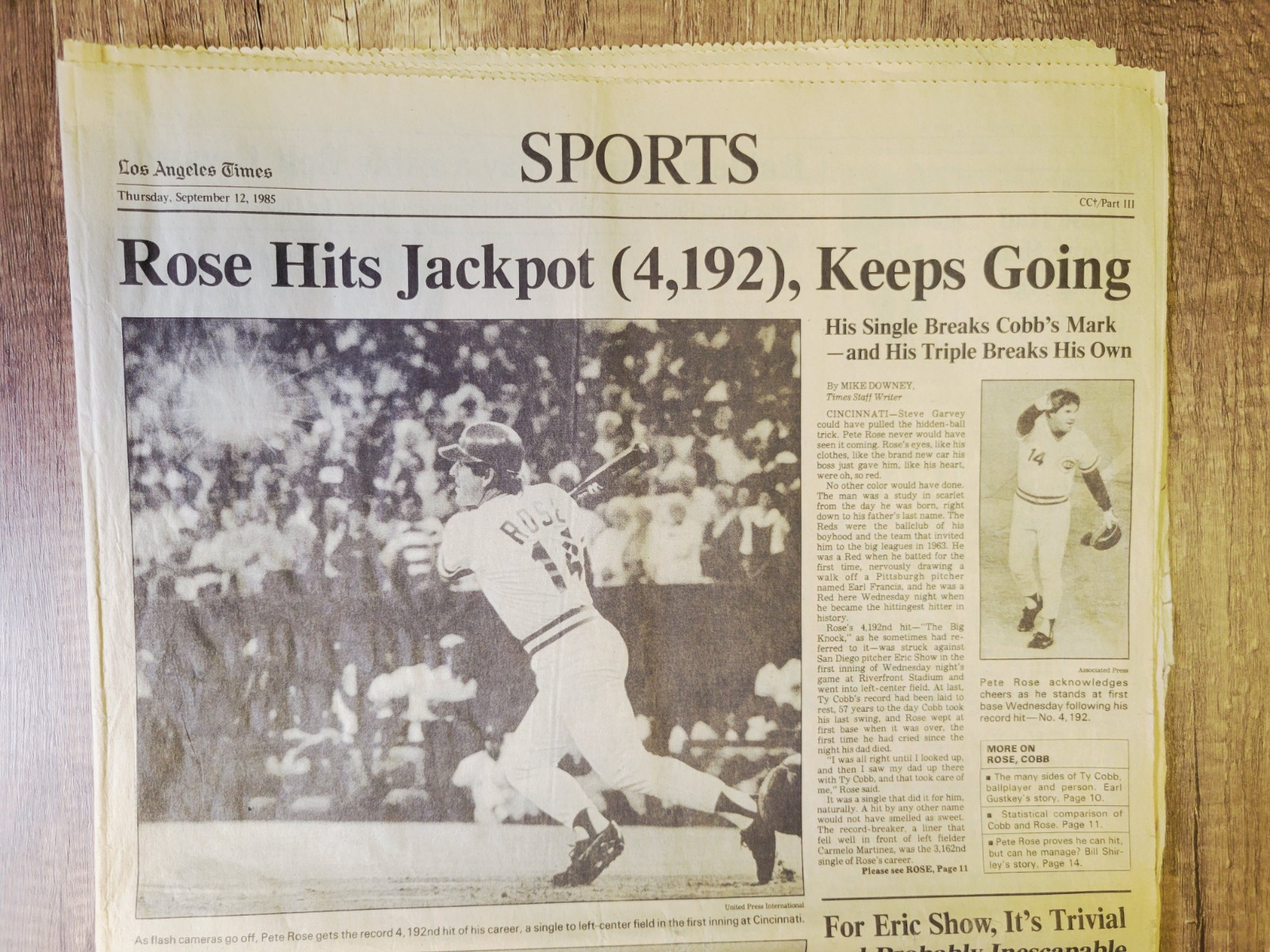 1985 Sep 12: LA Times Sports MLB Reds Pete Rose Breaks Hit Record Passes Ty Cobb