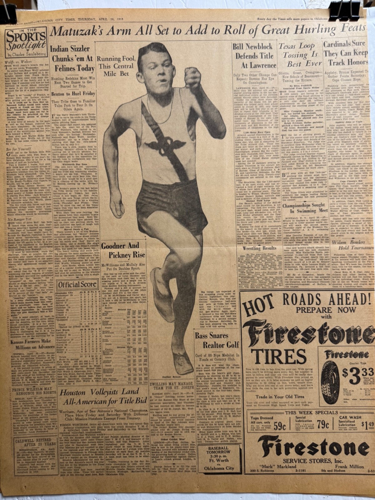 1933 CENTRAL HIGHSCHOOL, OKLA. CITY GAITHER BYNUM TRACK STAR NEWSPAPER PAGE