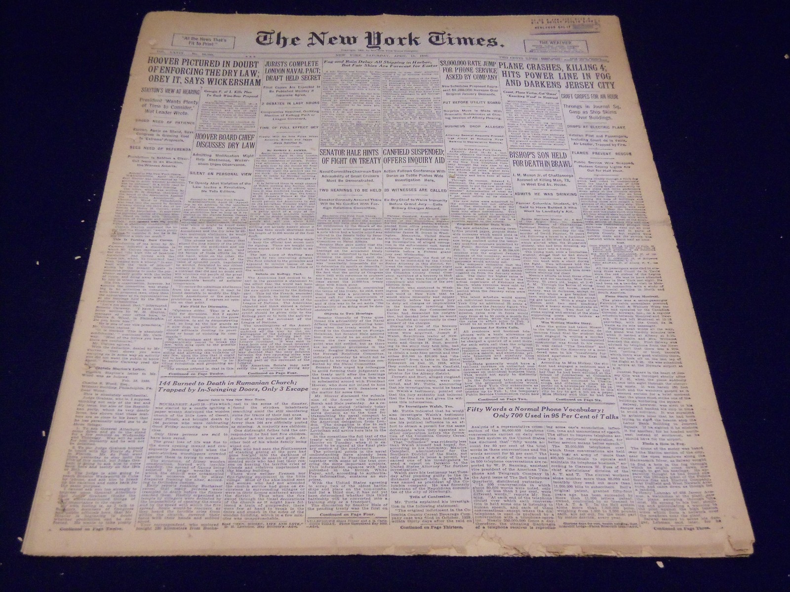 1930 APRIL 19 NEW YORK TIMES – JERSEY CITY PLANE CRASH KILLS 4 – NT 3889