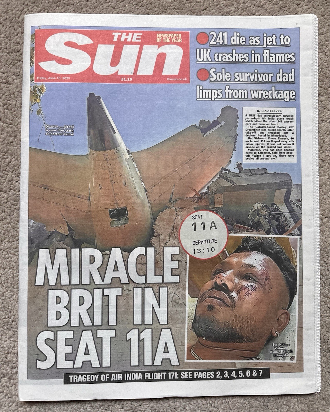 The Sun 13th June 2025 13/6/25 Brit Survivor On Air India Plane Crash