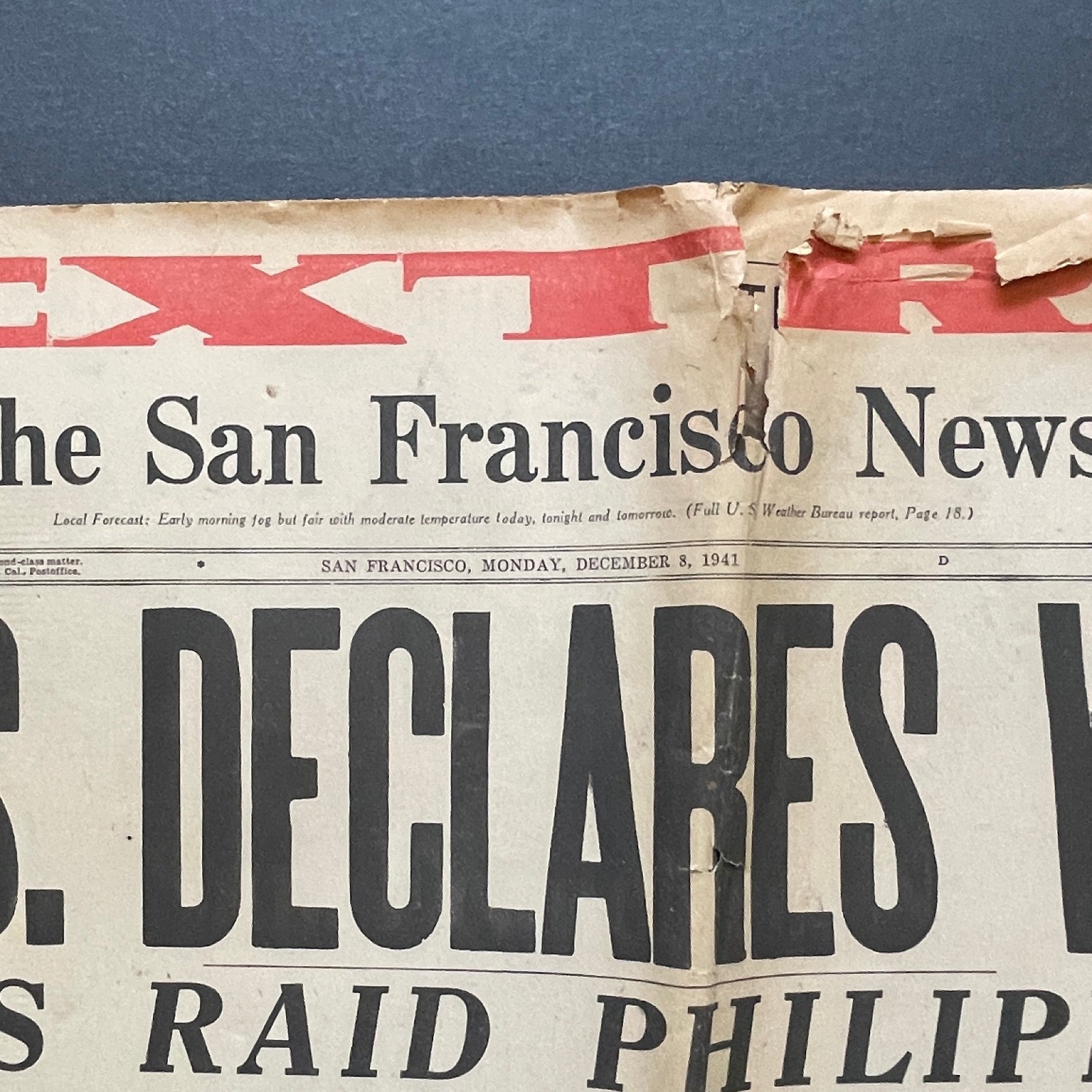 ORIGINAL Dec 8 1941 San Francisco News Newspaper • Japan Attacks Pearl Harbor
