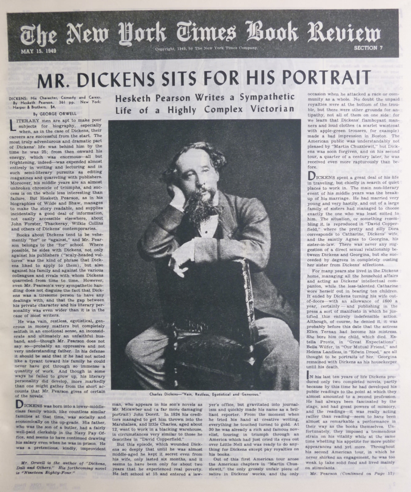 CHARLES DICKENS GEORHE ORWELL HESKETH PEARSON 1949 May 15 NY Times Book Review