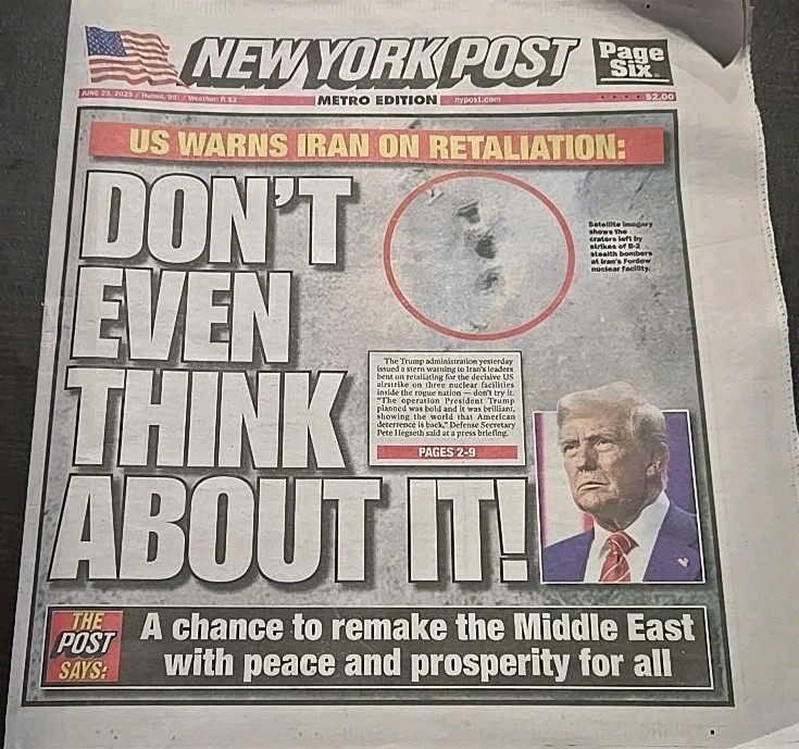New York Post June 23, 2025 Trump Iran Jazz Chisholm Yankees