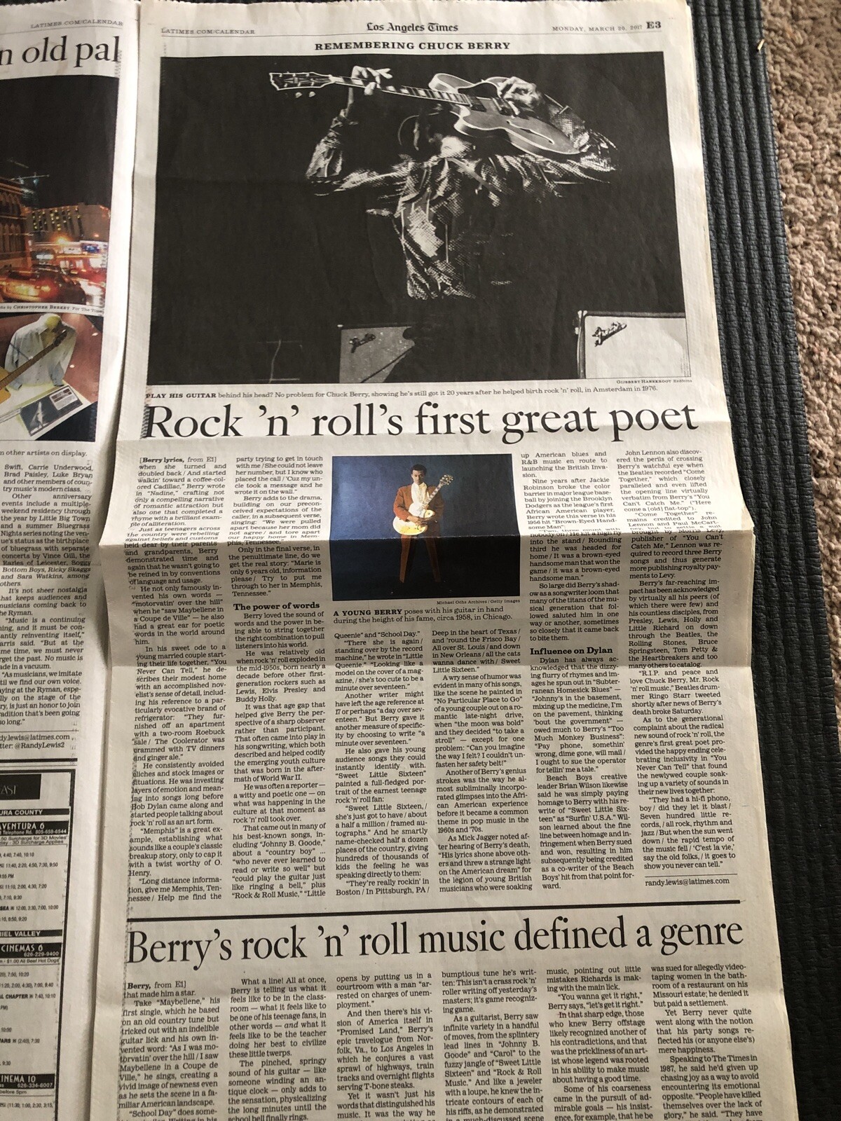 Remembering Chuck Berry Death 3/20/2017 Los Angeles Times Newspaper Rock Classic