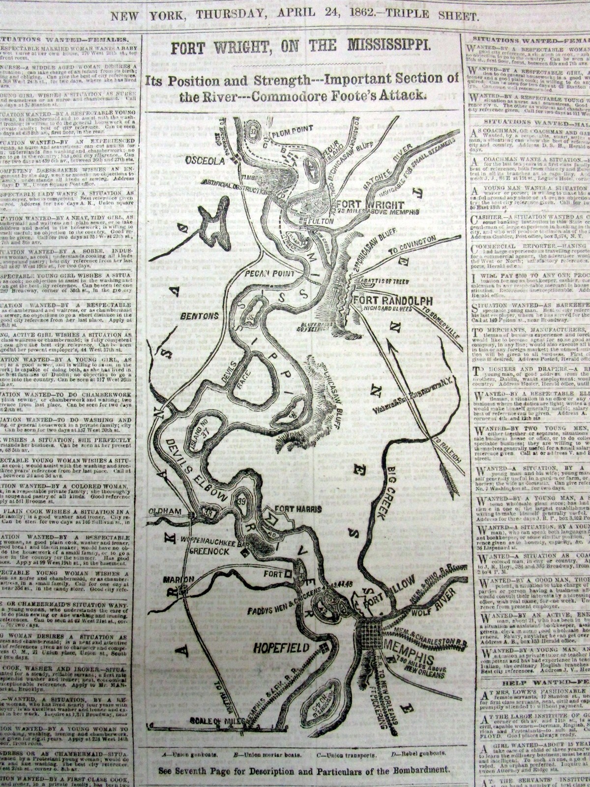 1862 Civil War newspaper w MAP MEMPHIS Tennessee -Ft Wright on MISSISSIPPI RIVER