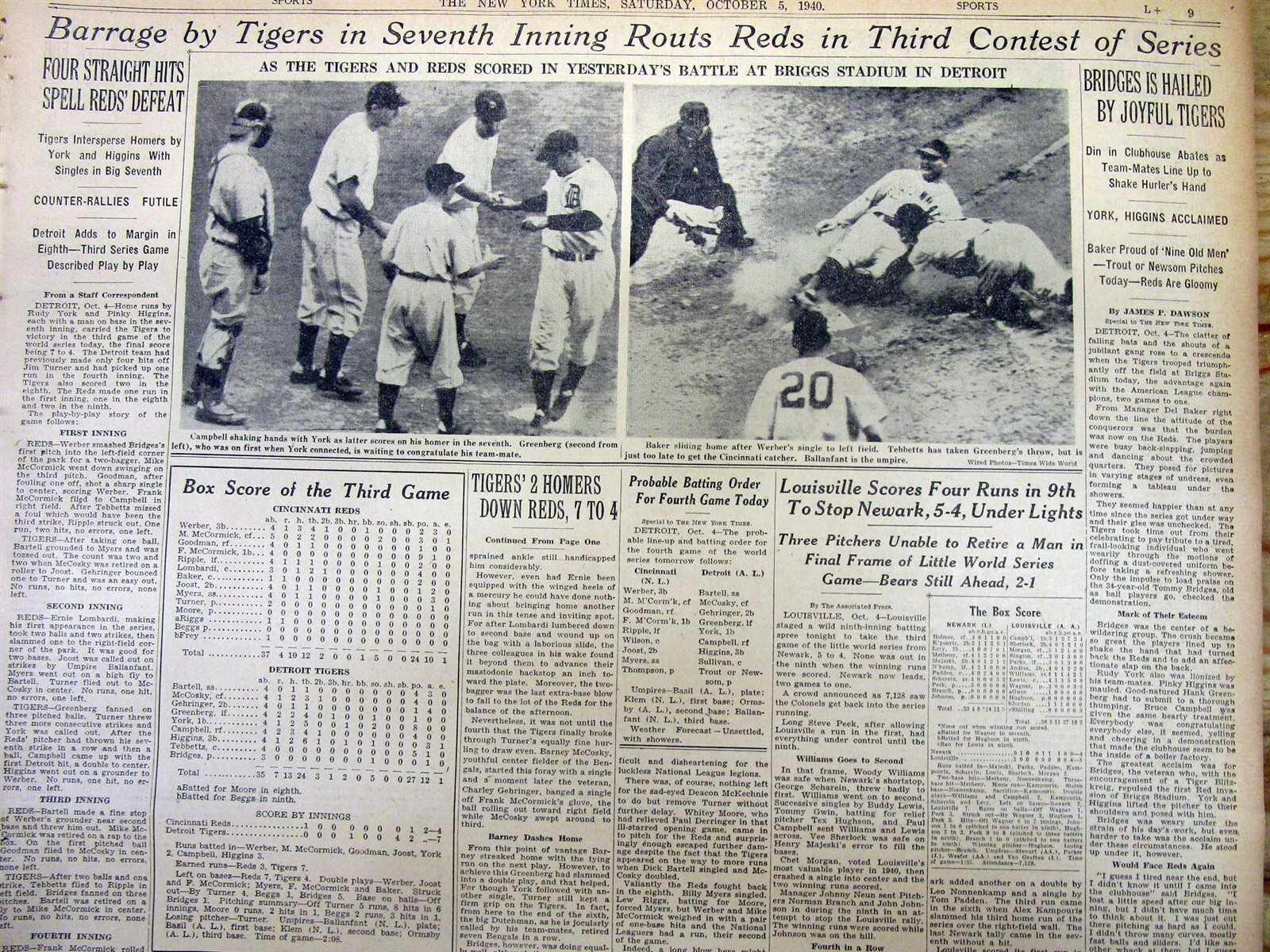 7 1940 NY Times newspapers CINCINNATI REDS win baseball World Series vs DETROIT