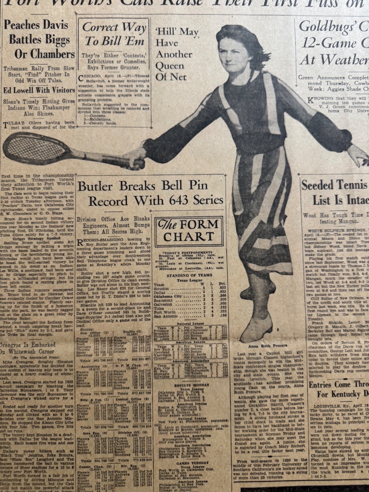 1933 CAPITOL HILL HIGHSCHOOL OKLA. CITY ANNA RUTH PRECURE TENNIS PLAYER NWSP.