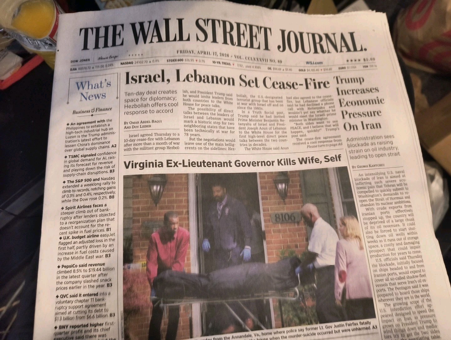 The wall Street Journal Friday April 17 2026 Israel, Lebanon Set Cease -Fire