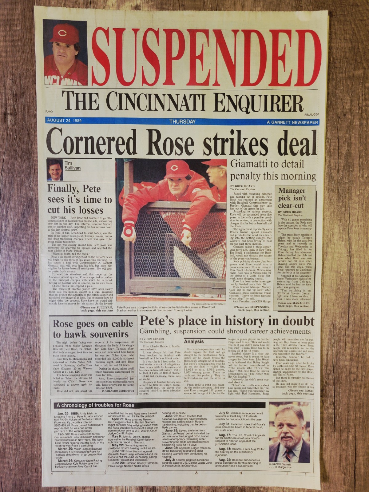 1989 Aug: Cincinnati Enquirer MLB Baseball – Reds Pete Rose Suspended/Banished!