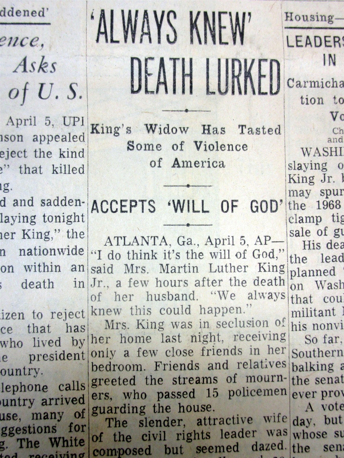 1968 newspaper DR MARTIN LUTHER KING, JR is ASSASSINATED in MEMPHIS Tennessee