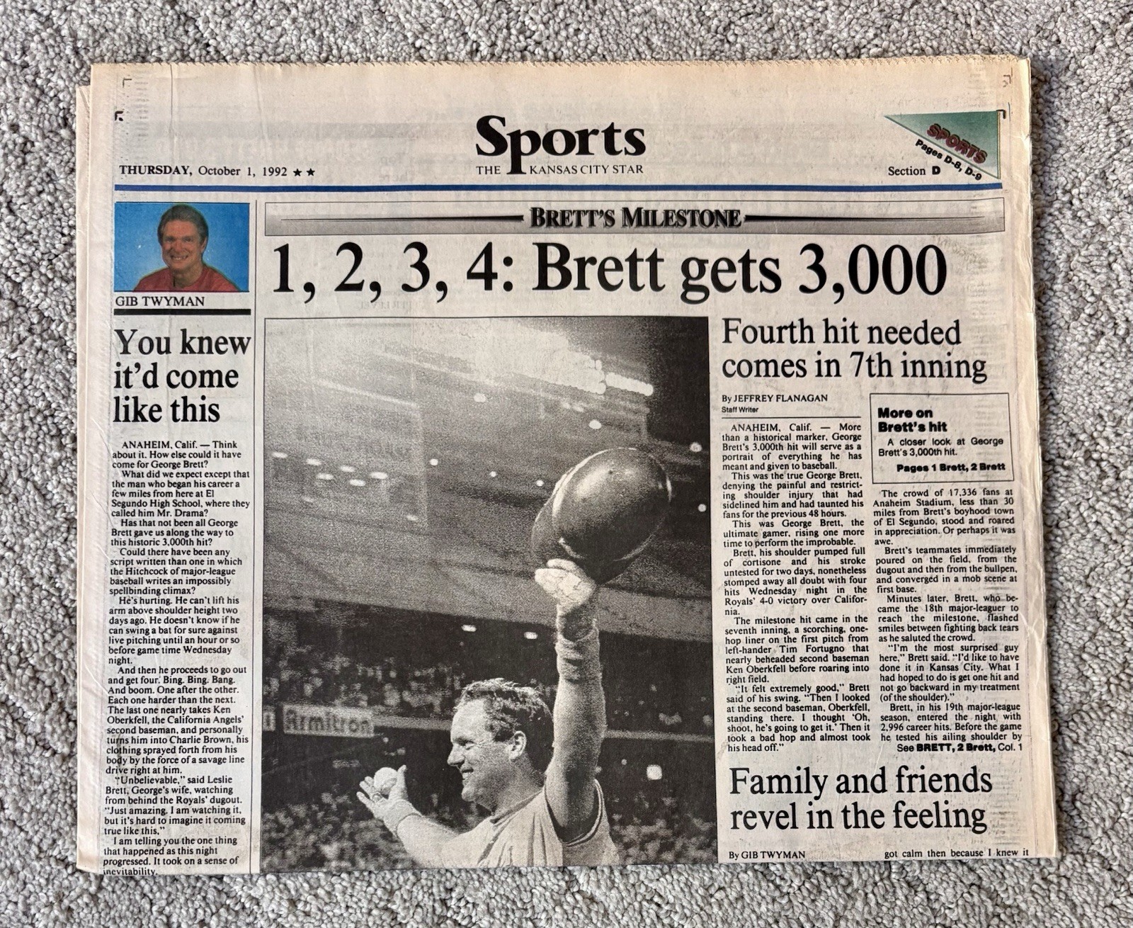 1992 Kansas City Star Newspaper George Brett’s 3,000 Hit