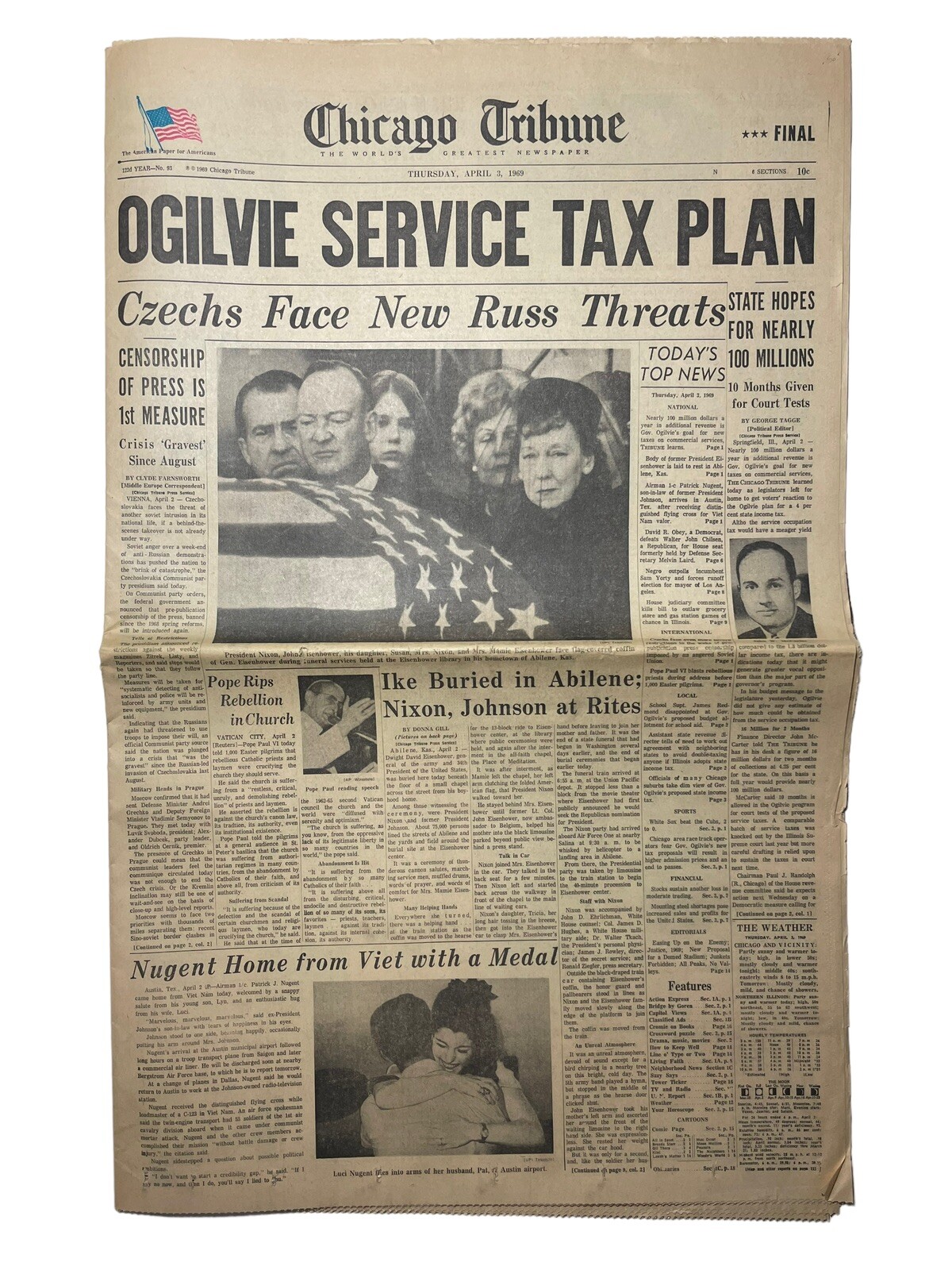 Eisenhower Funeral, Ogilvie Service Tax Plan Chicago Tribune April 3, 1969