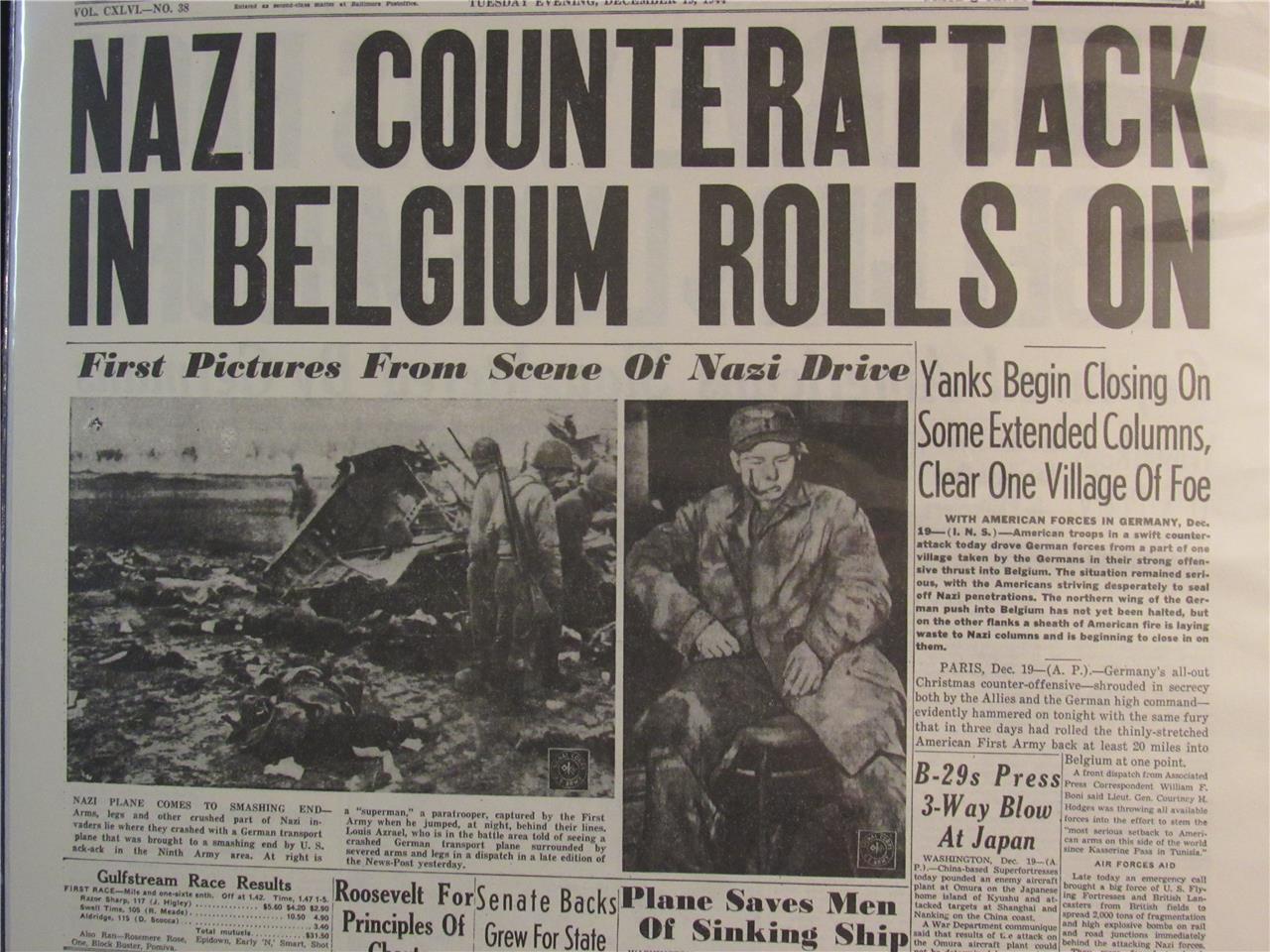 VINTAGE NEWSPAPER HEADLINE ~ WORLD WAR 2 GERMANY ARMY ATTACK BELGIUM WWII 1944