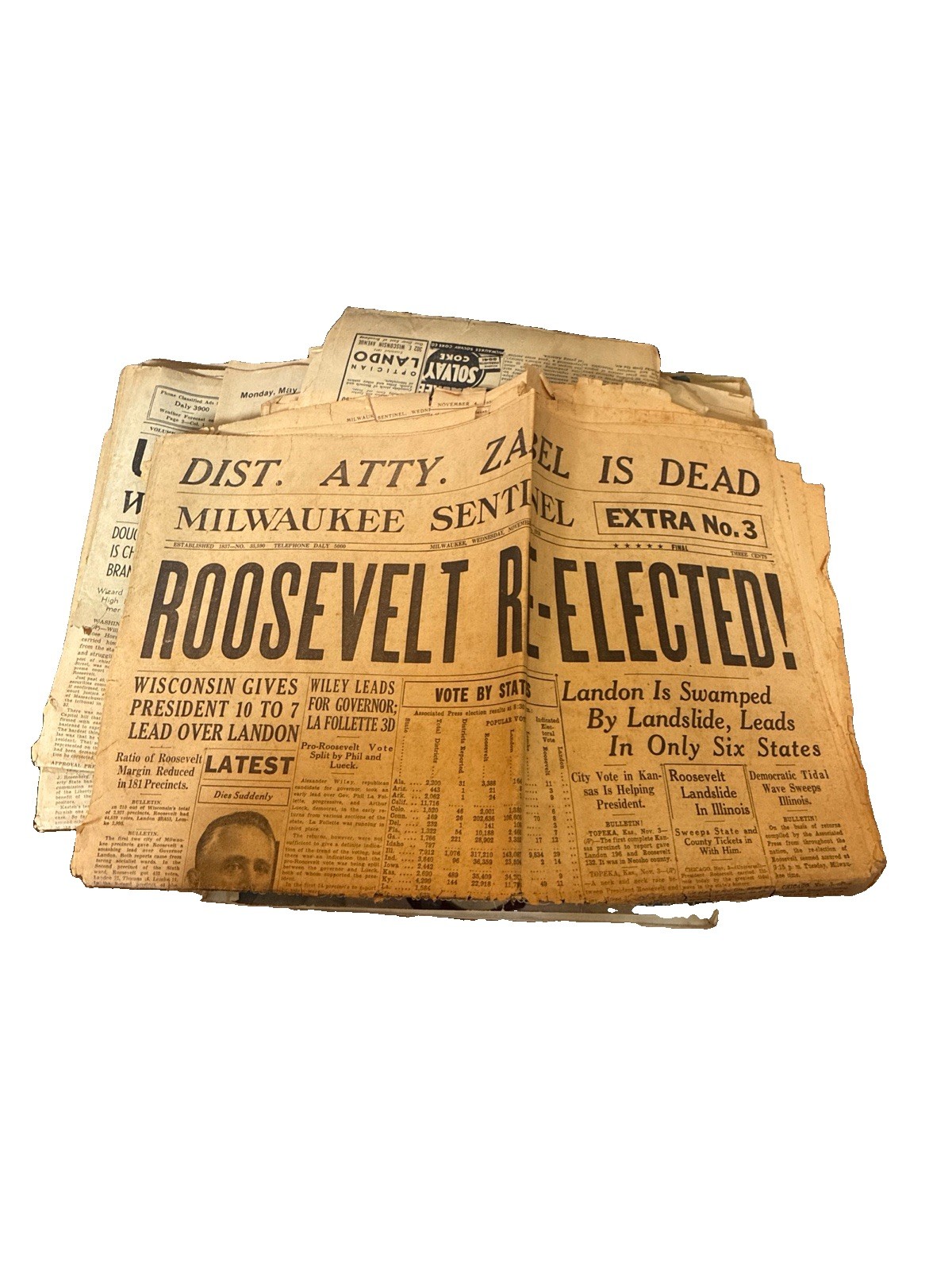 Franklin D Roosevelt Newspaper 1936 Re-Elected Milwaukee Sentinel Extra No 3