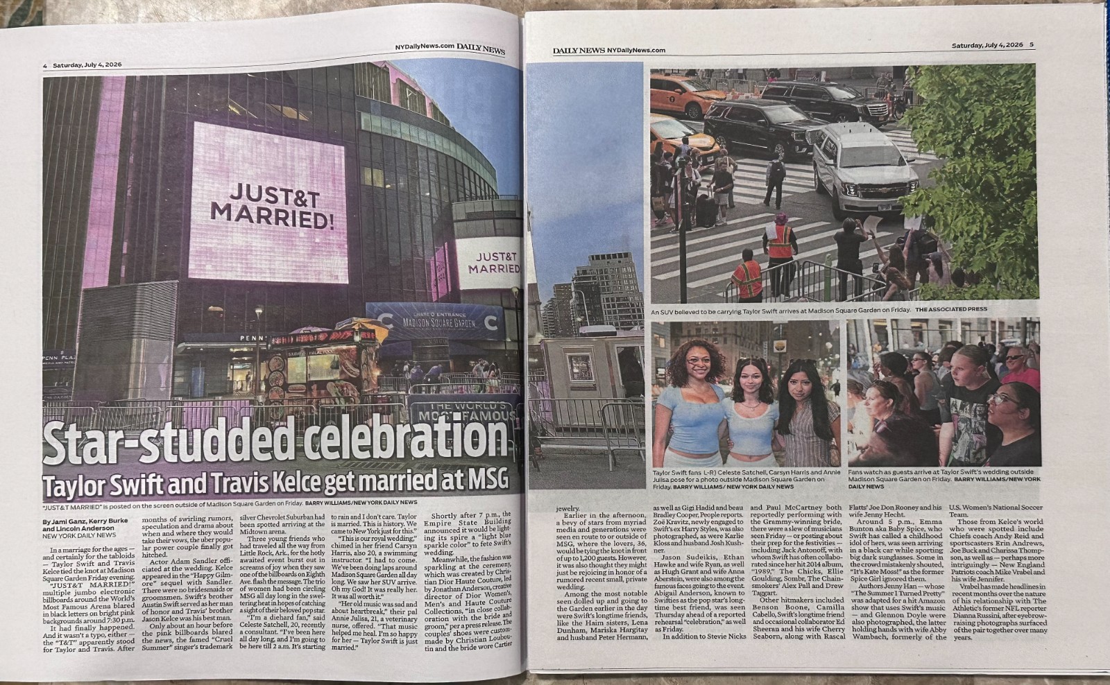 Taylor Swift Wedding Travis Kelce NY Daily News 7/4/26 NYC MSG Edition HISTORIC