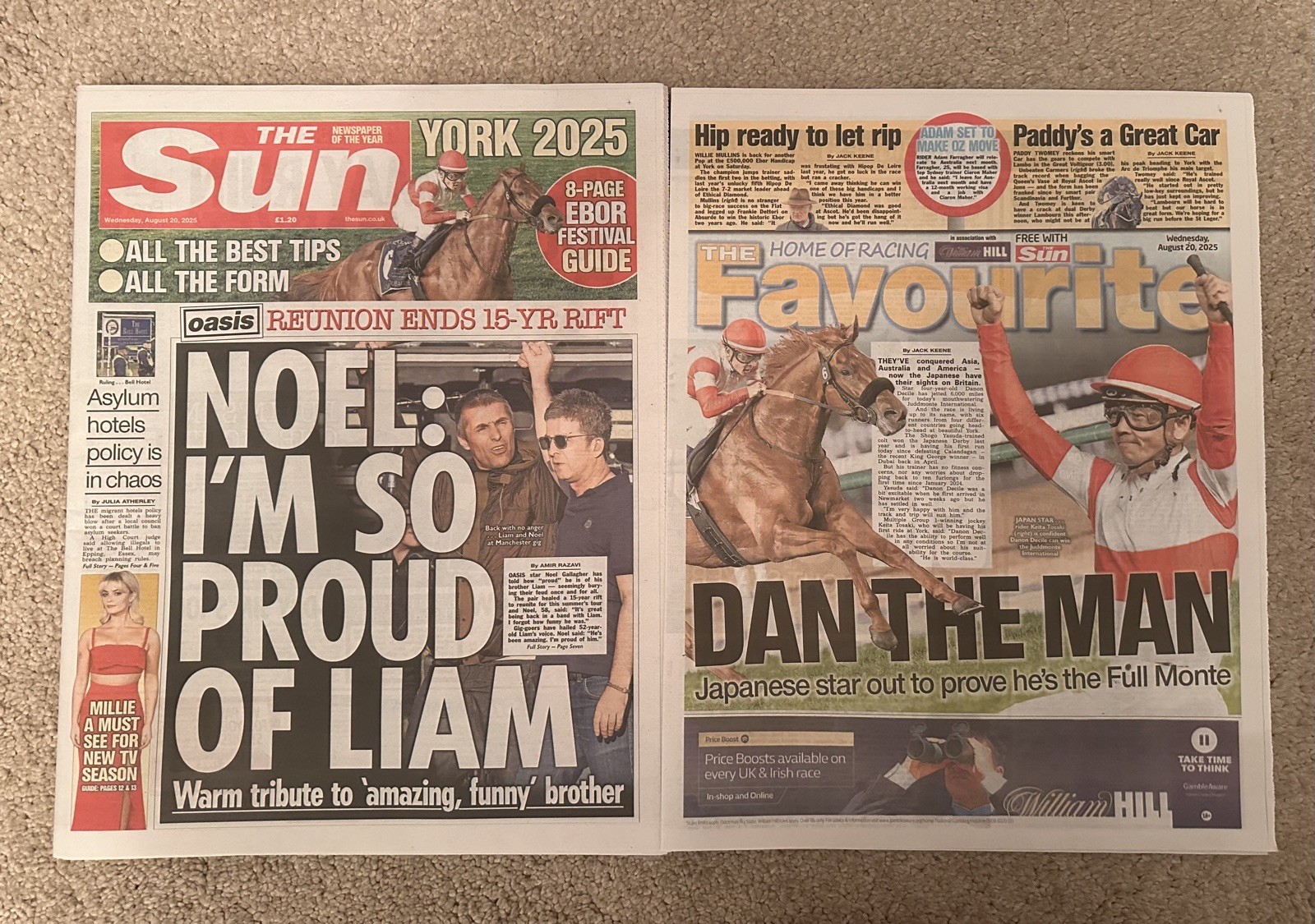 The Sun 20th August 2025 20/8/25 Noel Gallagher So Proud Of Liam Gallagher Oasis