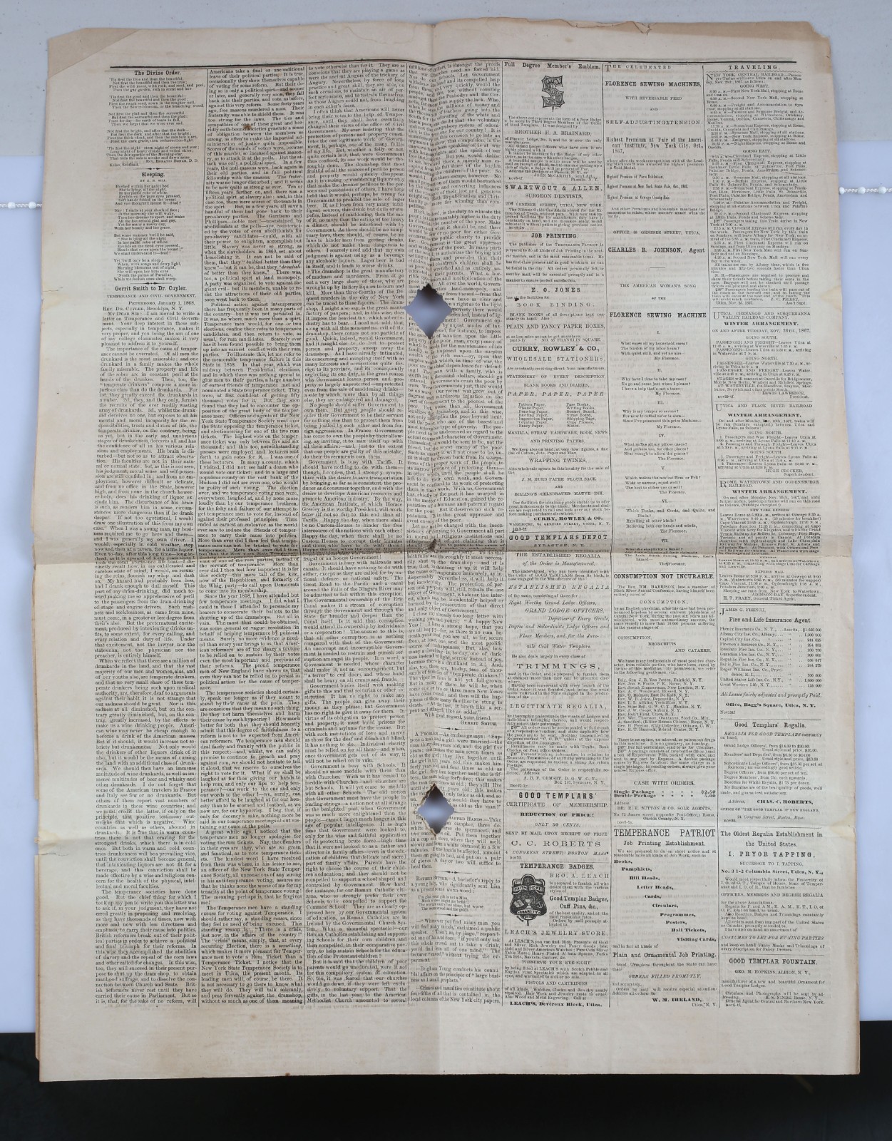 Antique 1868 Newspaper The Temperance Patriot Utica New York Prohibition