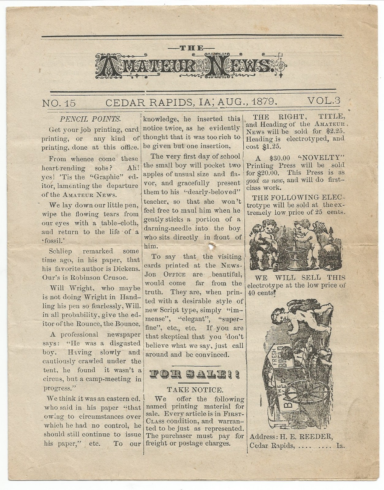 Cedar Rapids, Iowa.. Amateur Newspaper.. Amateur News.. August 1879..4 Pages