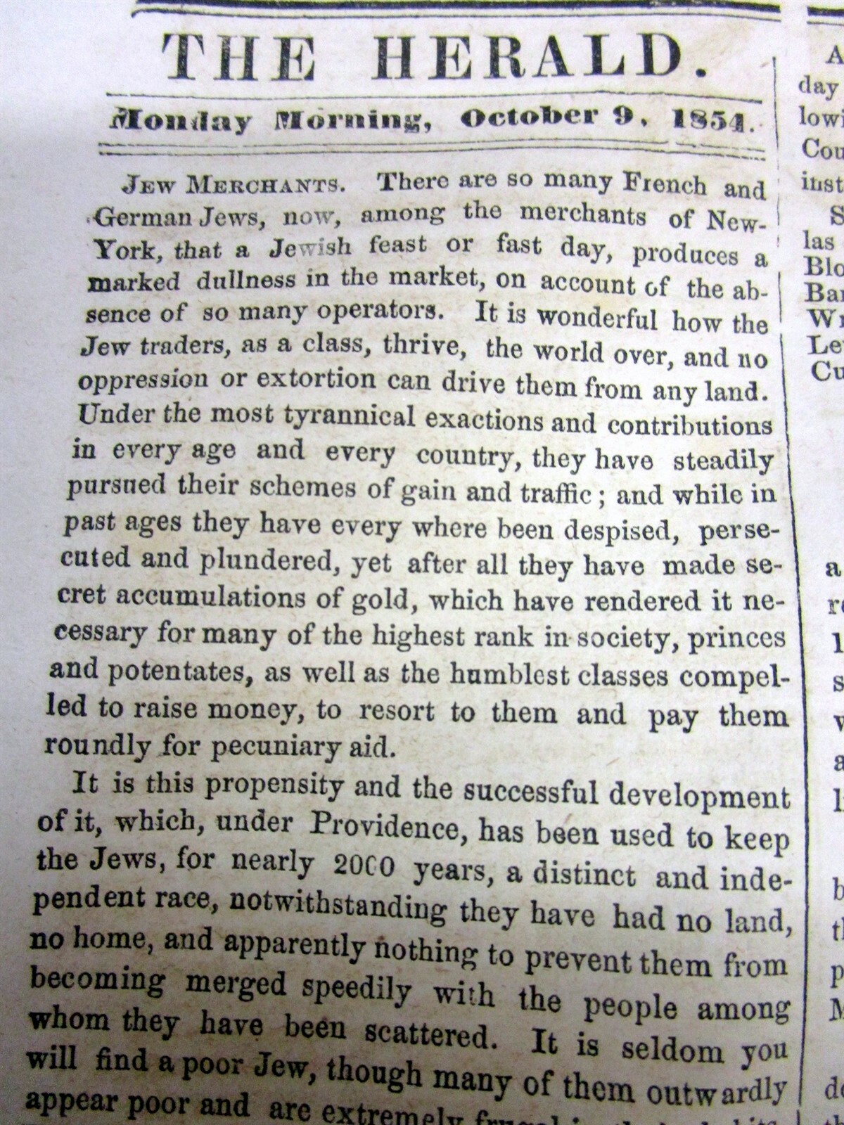 1854 newspaper JEWISH MERCHANTS PROLIFERATE in NEW YORK CITY due to IMMIGRATION