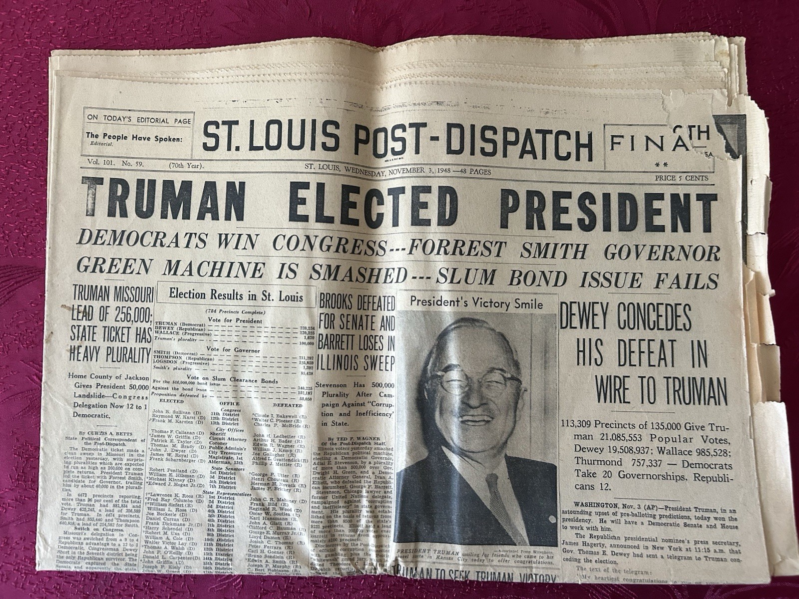 St. Louis Post Dispatch Newspaper Truman Elected President, November 3, 1948
