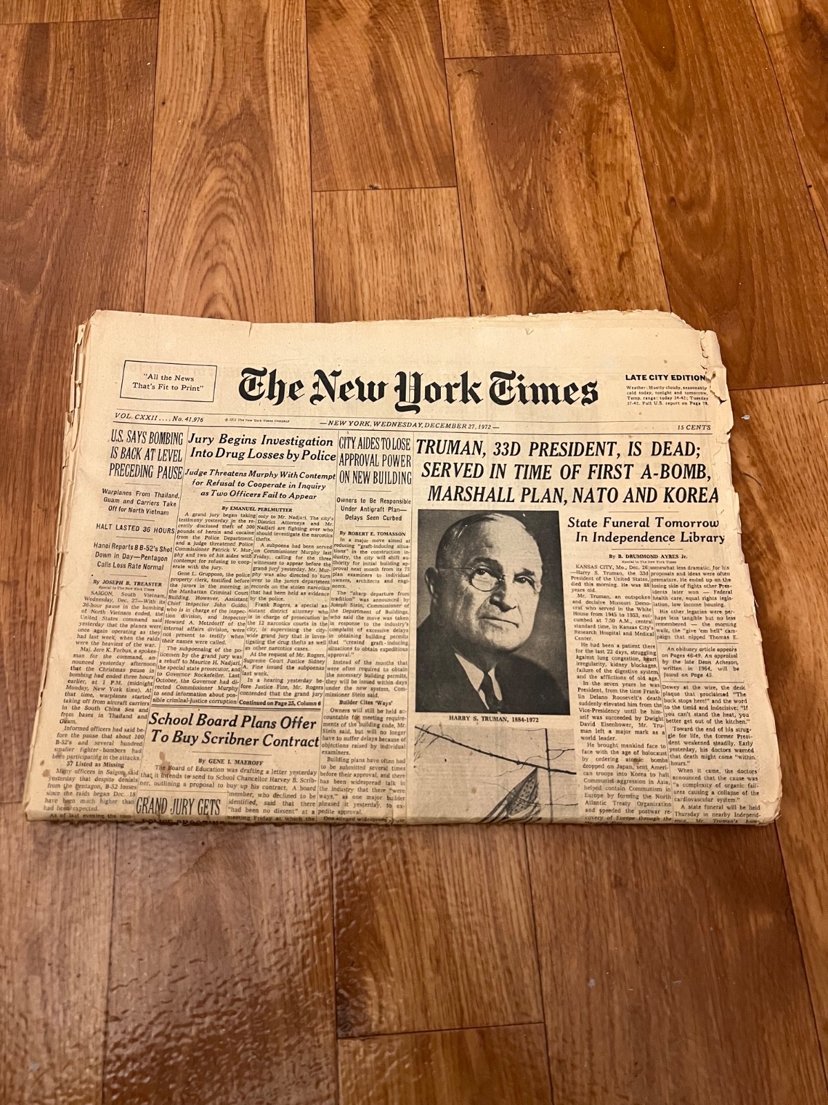 New York Times Paper December 27 1972 Late Edition Truman is Dead