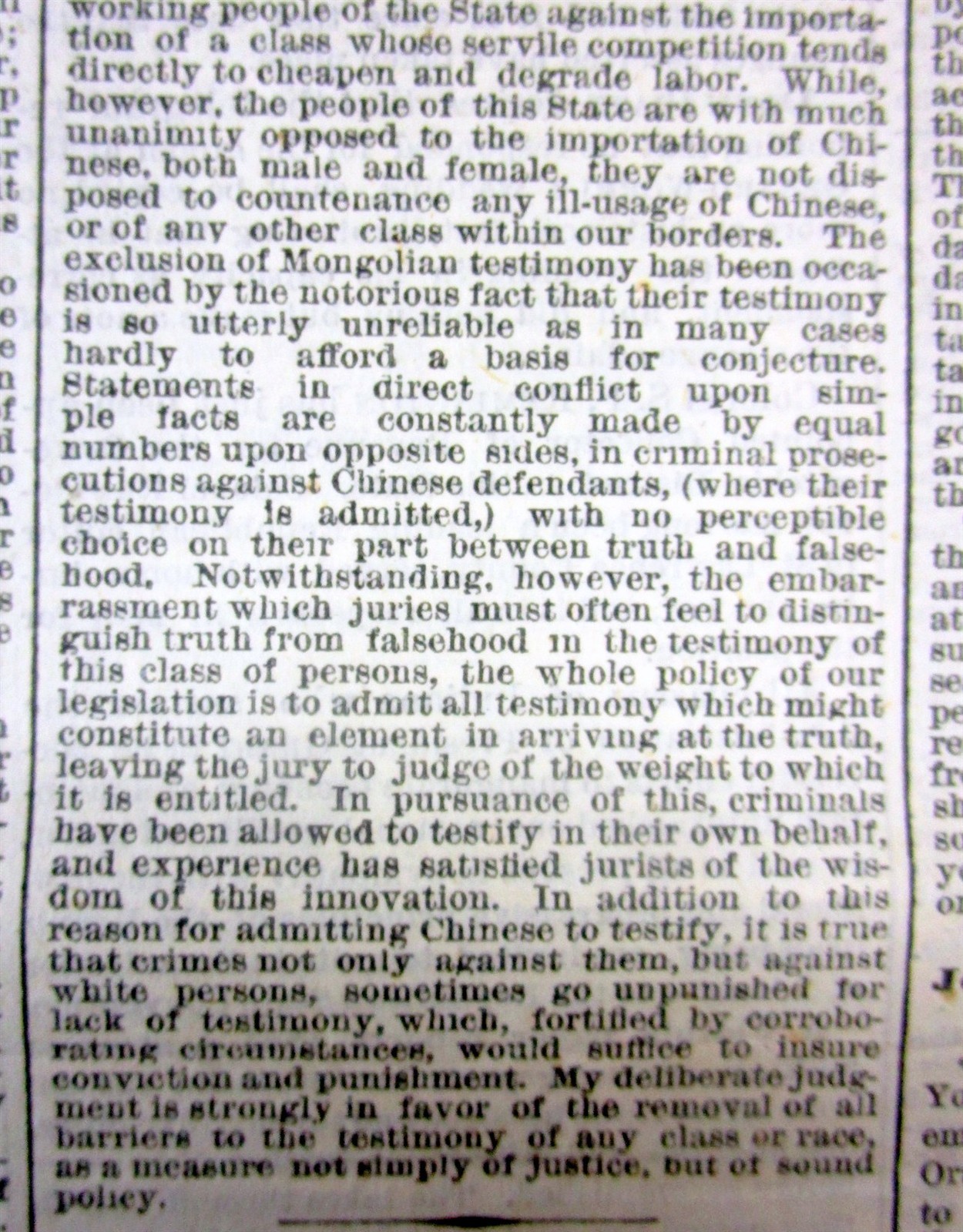1869 NY Times newspaper wth THE ANTI-CHINESE IMMIGRATION sentiment in CALIFORNIA