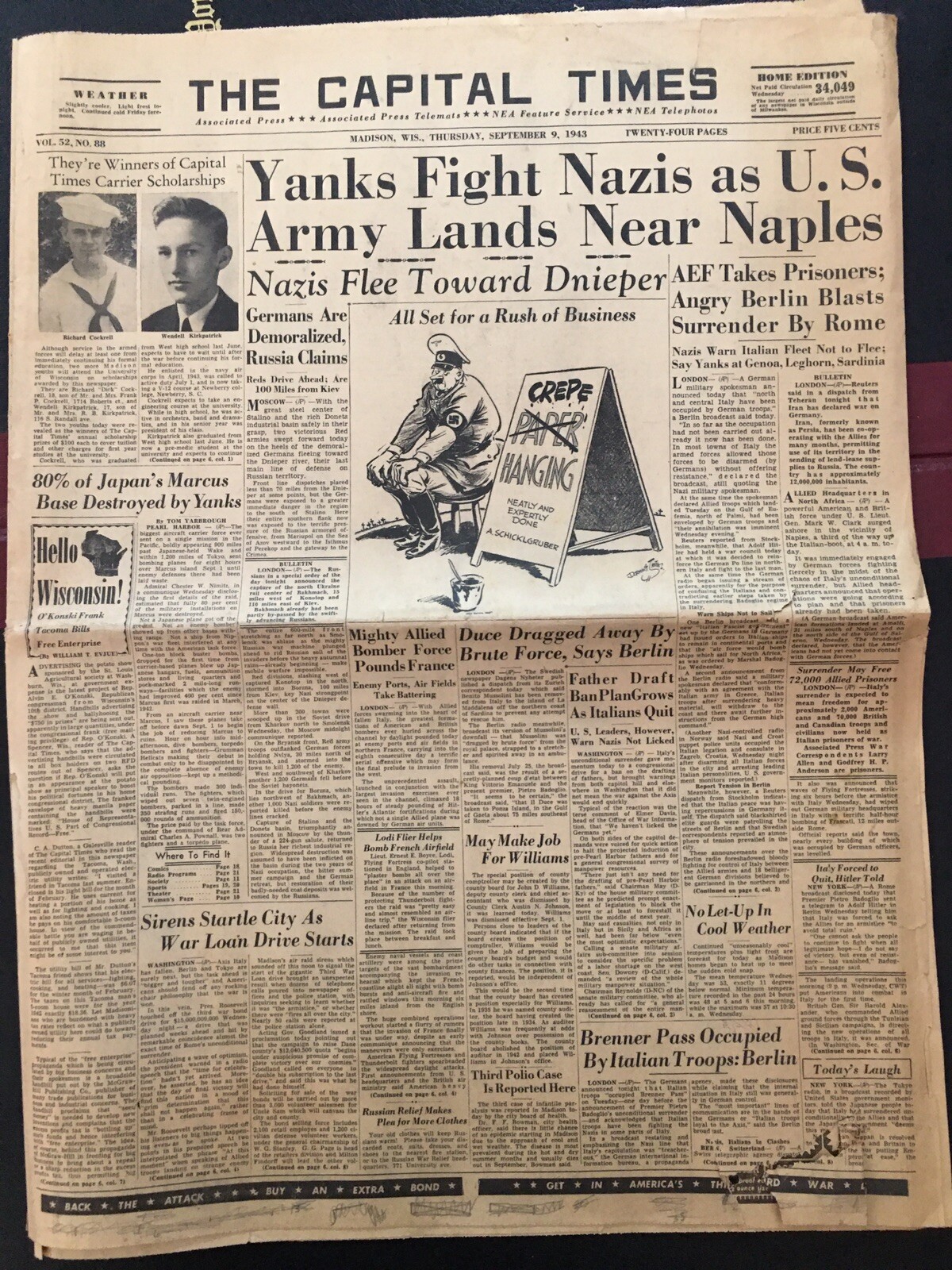 WWII Italy Quits-Invasion Naples 1943 Madison WI Dane County War Bond