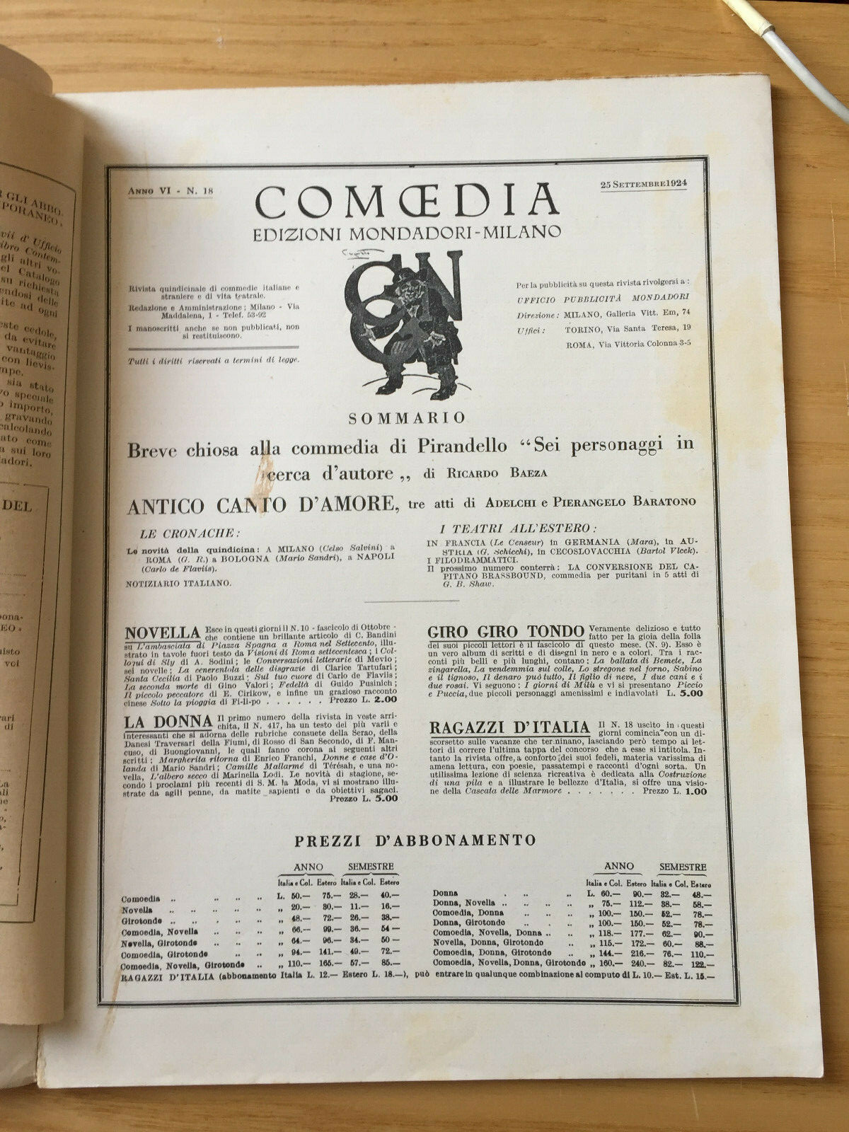 MONDADORI COMEDIA PERIODICO COMEDIA E VITA THEATRALE N 18 1924 A. BARATONO 2/19