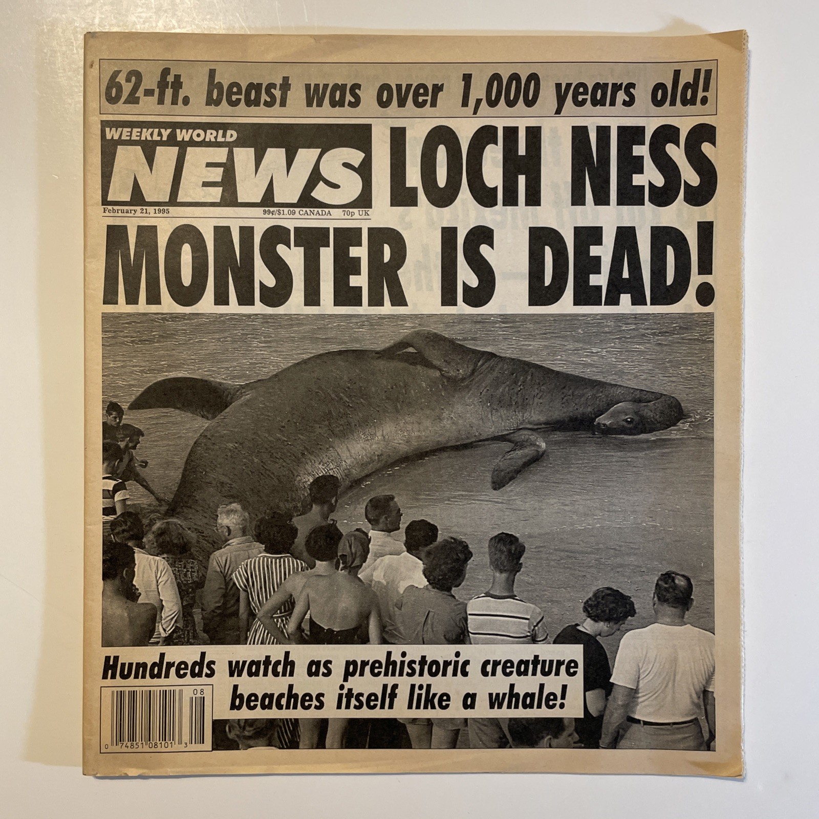 VINTAGE WEEKLY WORLD NEWS FAKE NEWSPAPER TABLOID LOCH NESS MONSTER DEAD FEB 1995