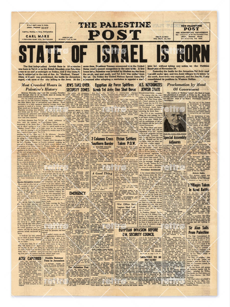 1948 JERUSALEM POST (PALESTINE) THE STATE OF ISRAEL IS BORN RARE LARGE POSTER